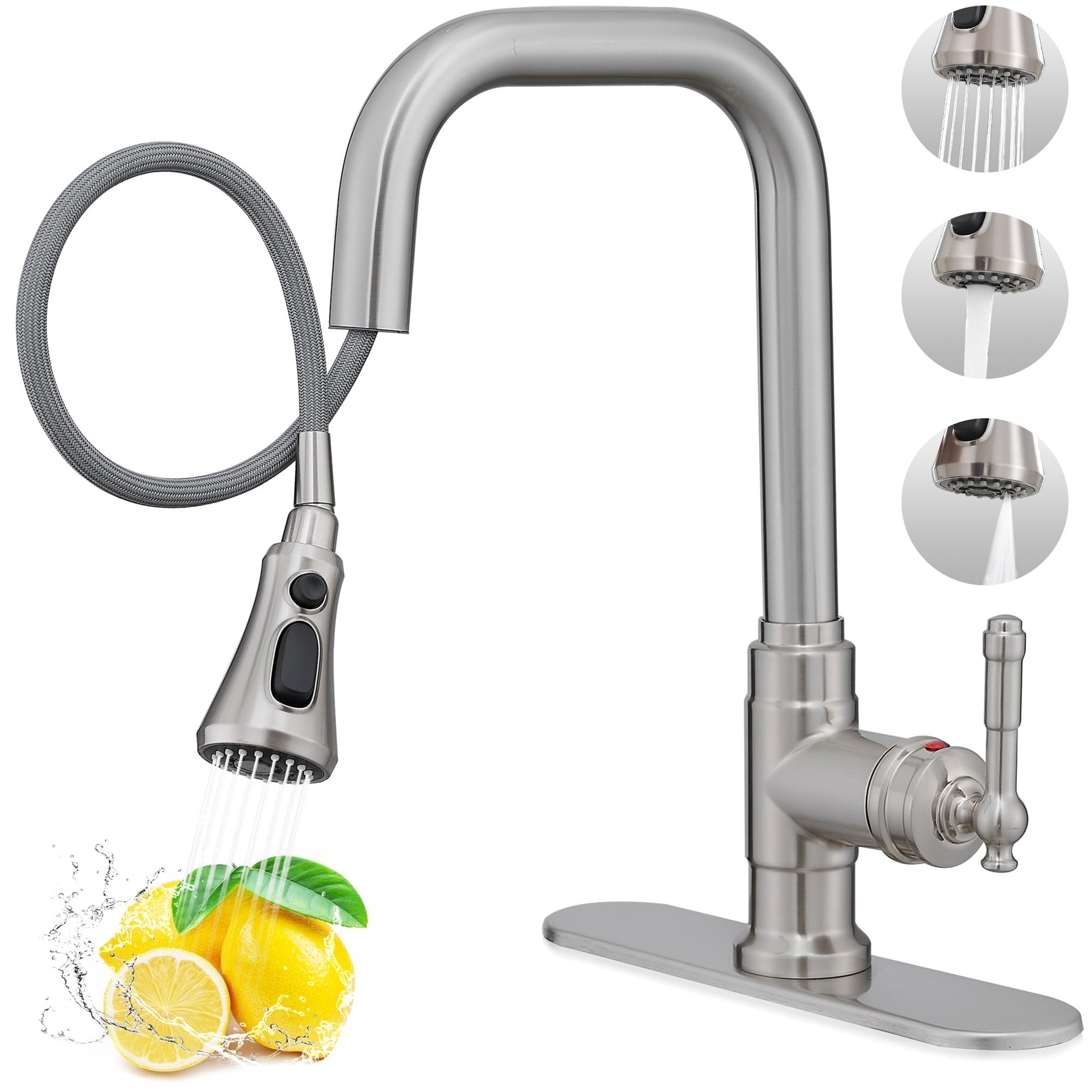 Brushed Nickel Kitchen Faucet with Sprayer, 3 Modes Pull Down Kitchen Sink Fa...