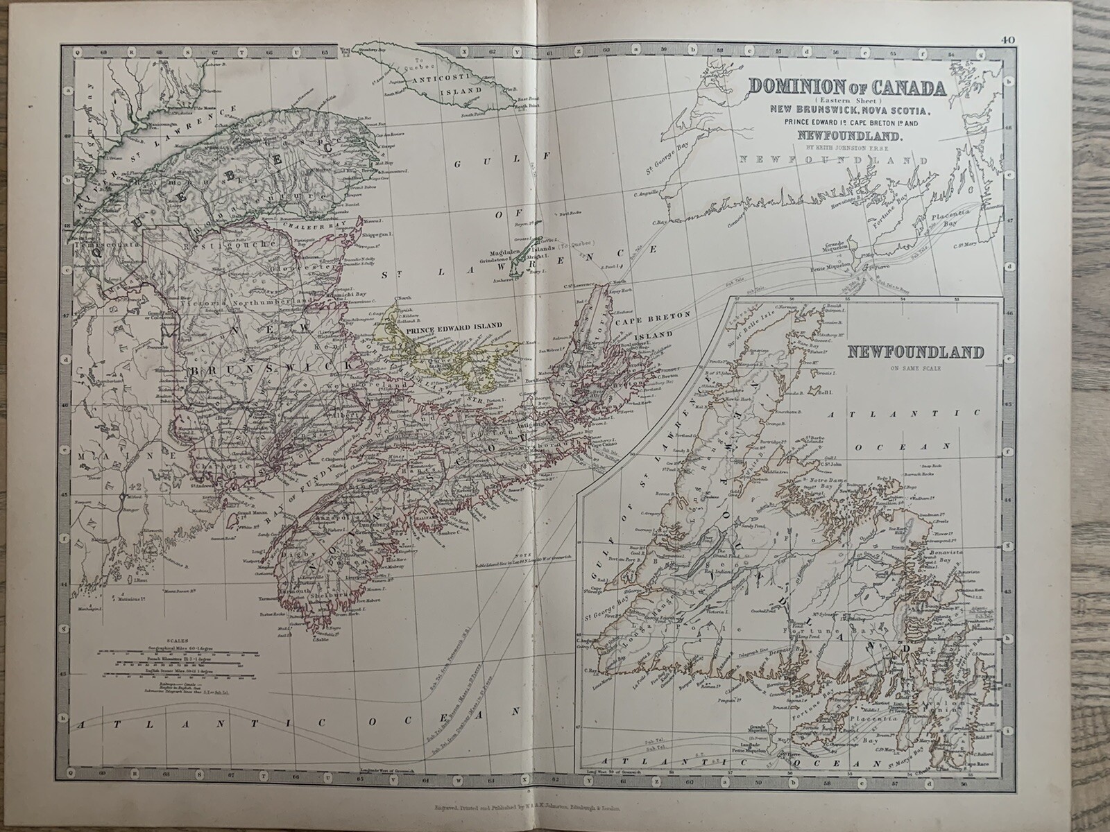 1886 EASTERN CANADA ORIGINAL ANTIQUE HAND COLOURED MAP BY JOHNSTON 134 YEARS OLD
