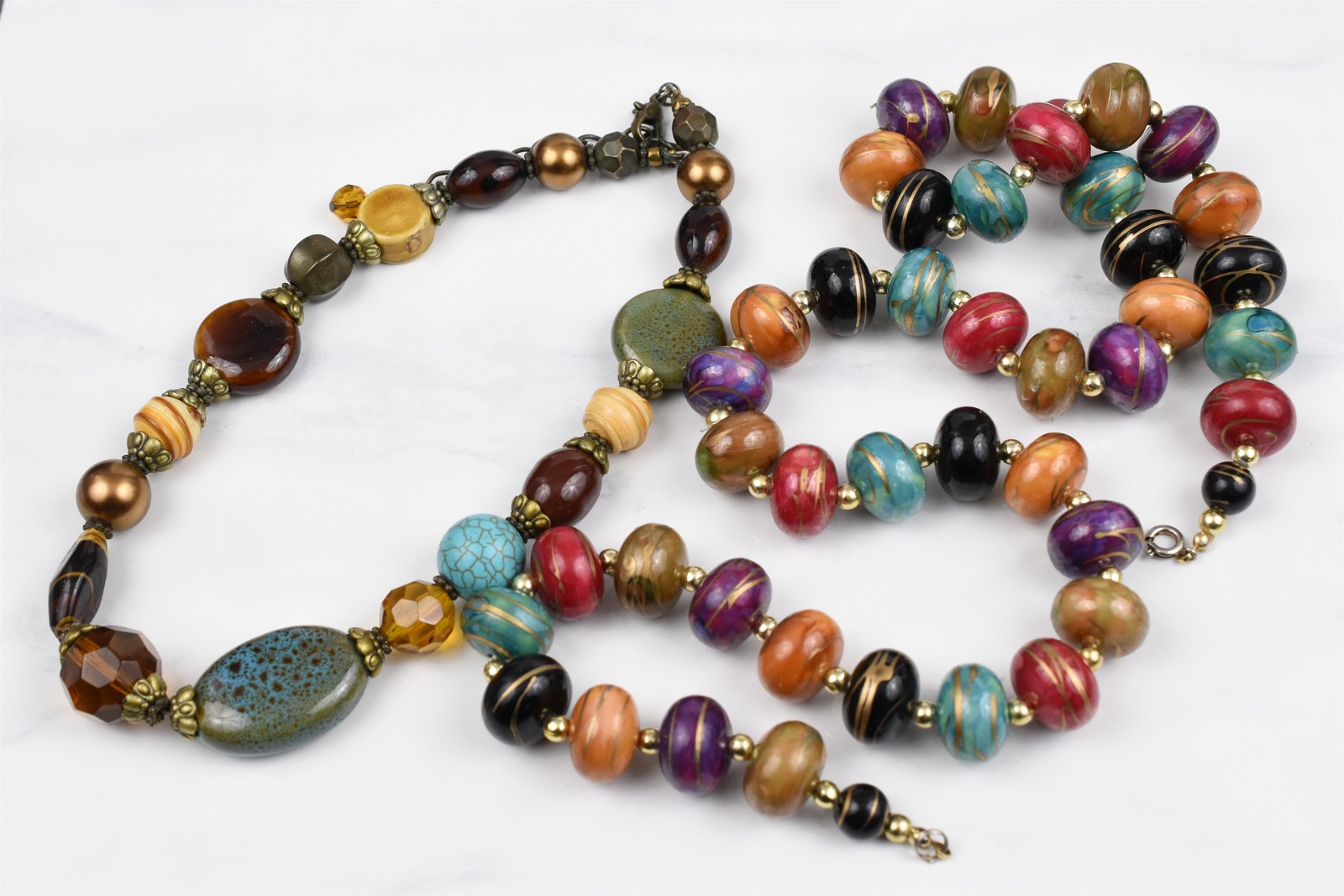 Handmade Studio Necklace Lot 2 Beaded Wood Painted 30 in + Brown Glass 20 in