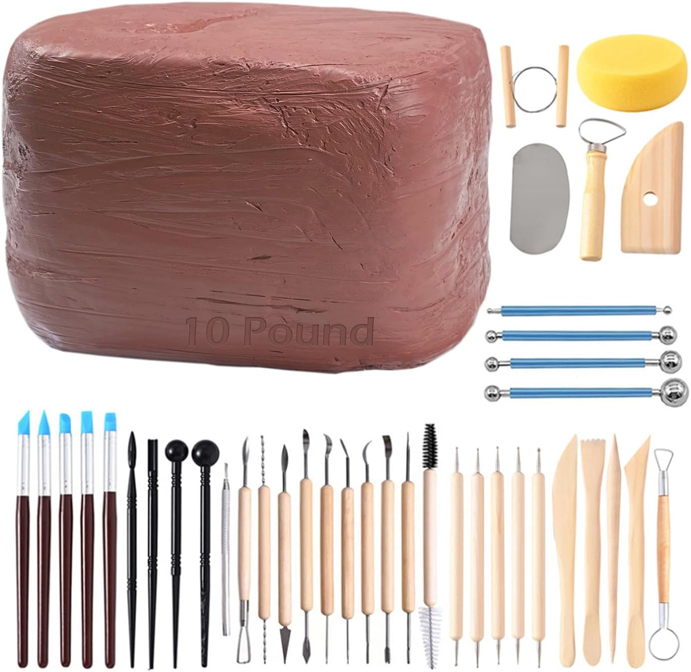 Natural Air-Dry Clay, Pottery Clay10Lbs with 40 Pcs Pottery Tools Clay Sculpting