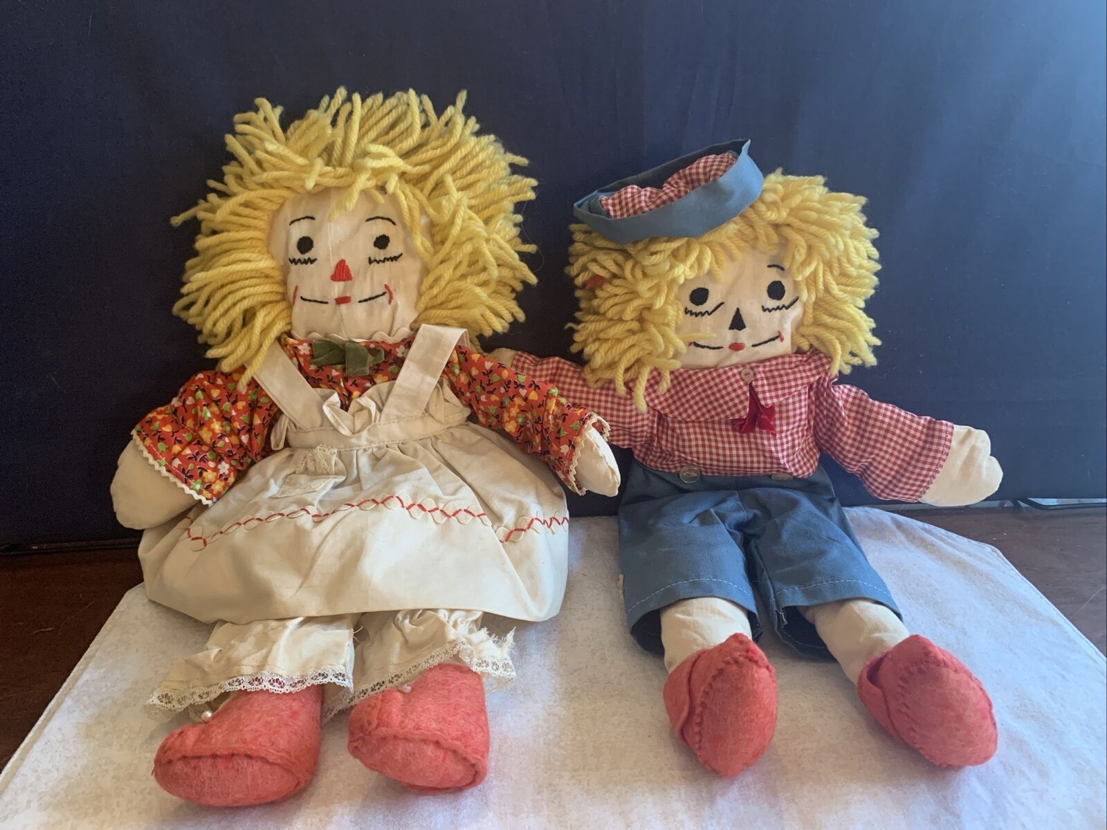 Pair BLONDE Raggedy Ann & Andy  15”- HANDMADE- Embroidered Heart & Face