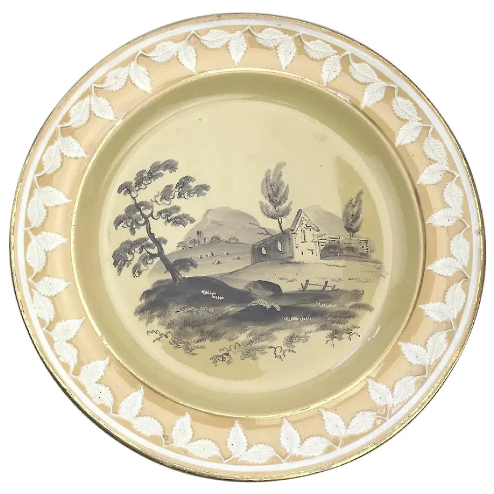 An antique Georgian Staffordshire Drab Porcelain Bat en grisaille Plate C.1810+