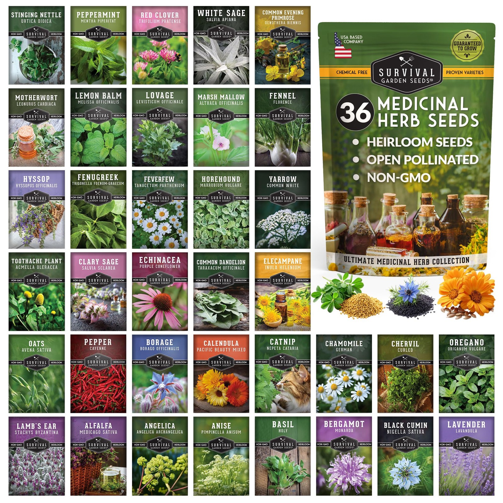 Ultimate Medicinal Herb Seeds Variety Pack – 36 36, Multicolor, Green 