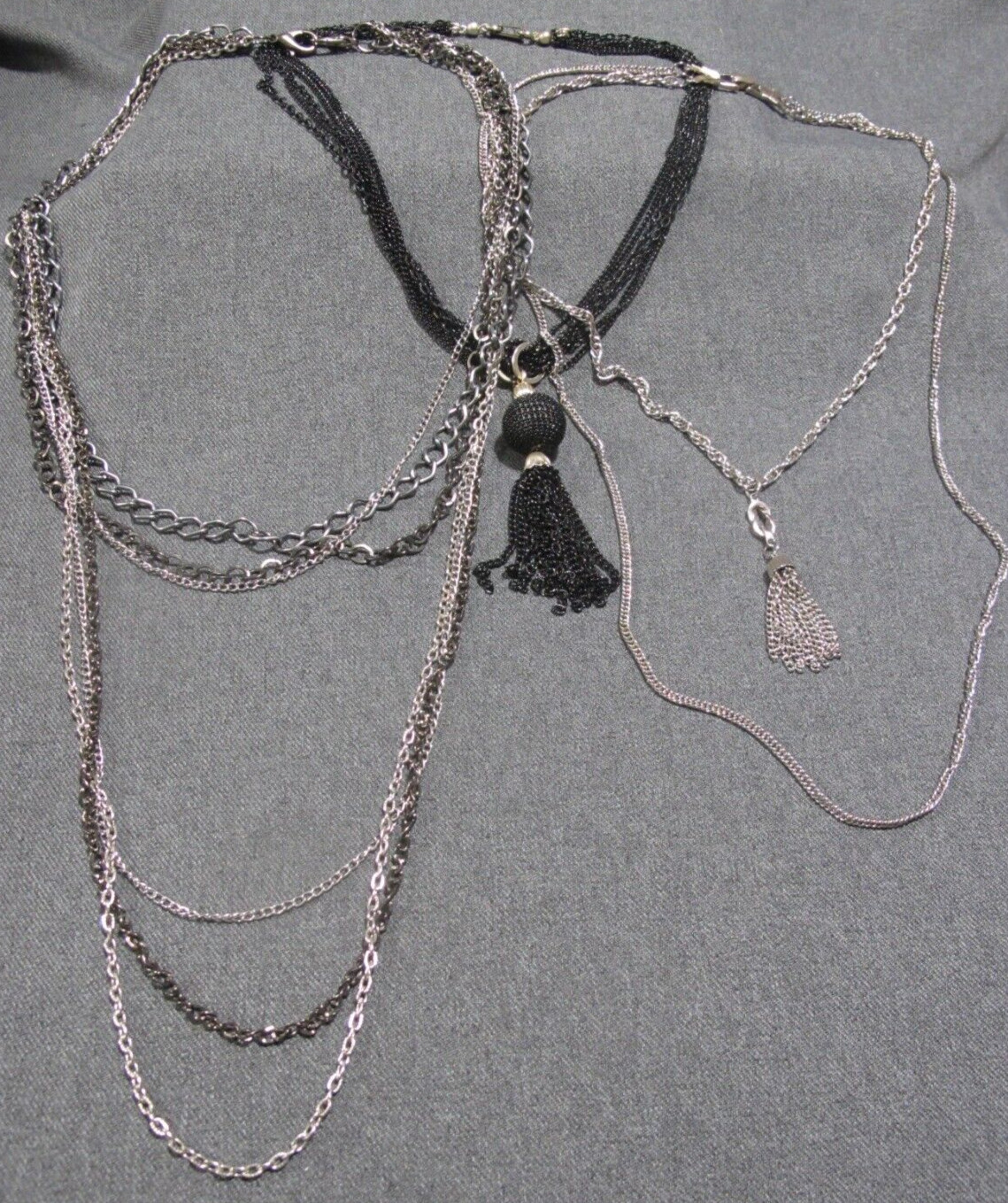 Vintage unbranded silvertone  & black metal chain necklaces 2 of them w/ tassel