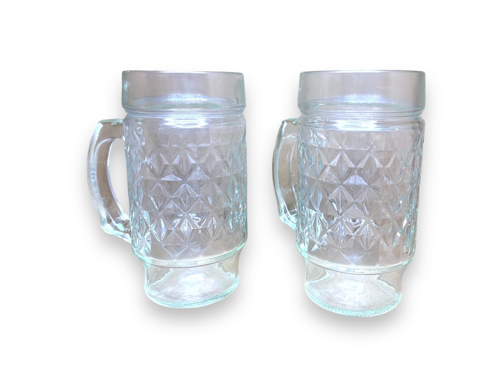 Set 2 Vintage MCM Quilt Glass Footed Handled Tumbler Diamond Pattern Mugs 21 /10
