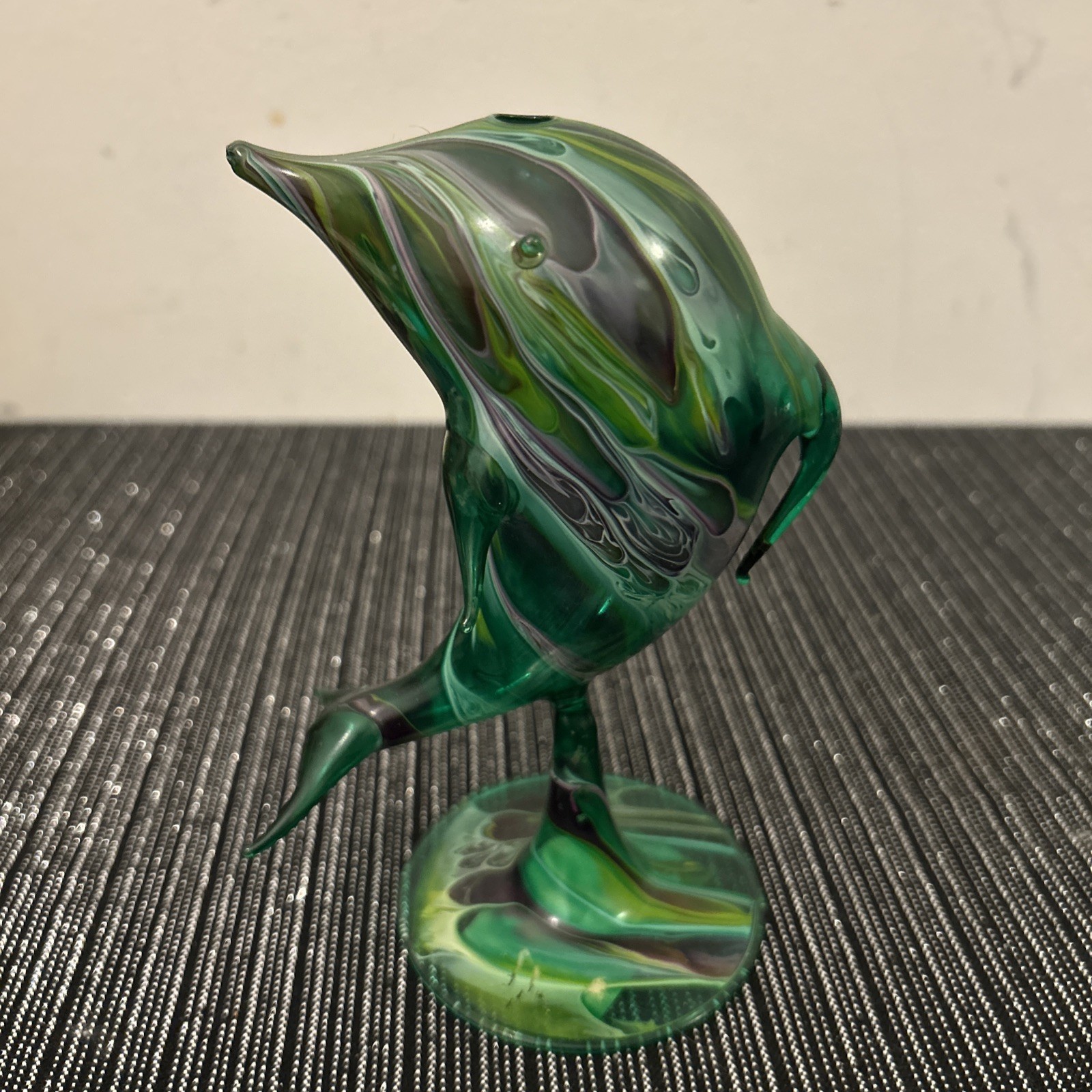 Flame Glow By Penco , Hand-blown Art Glass Dolphin Oil Lamp green/purple