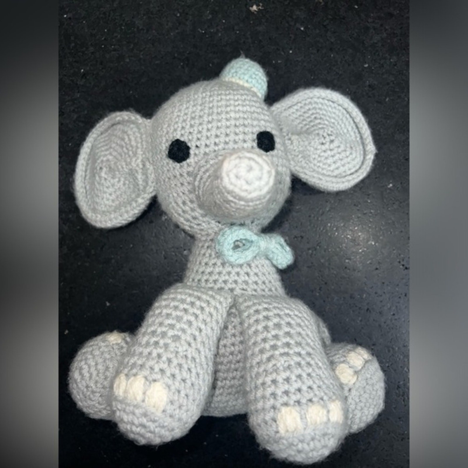HANDMADE CROCHET ELEPHANT WITH BLUE BOW & HAT