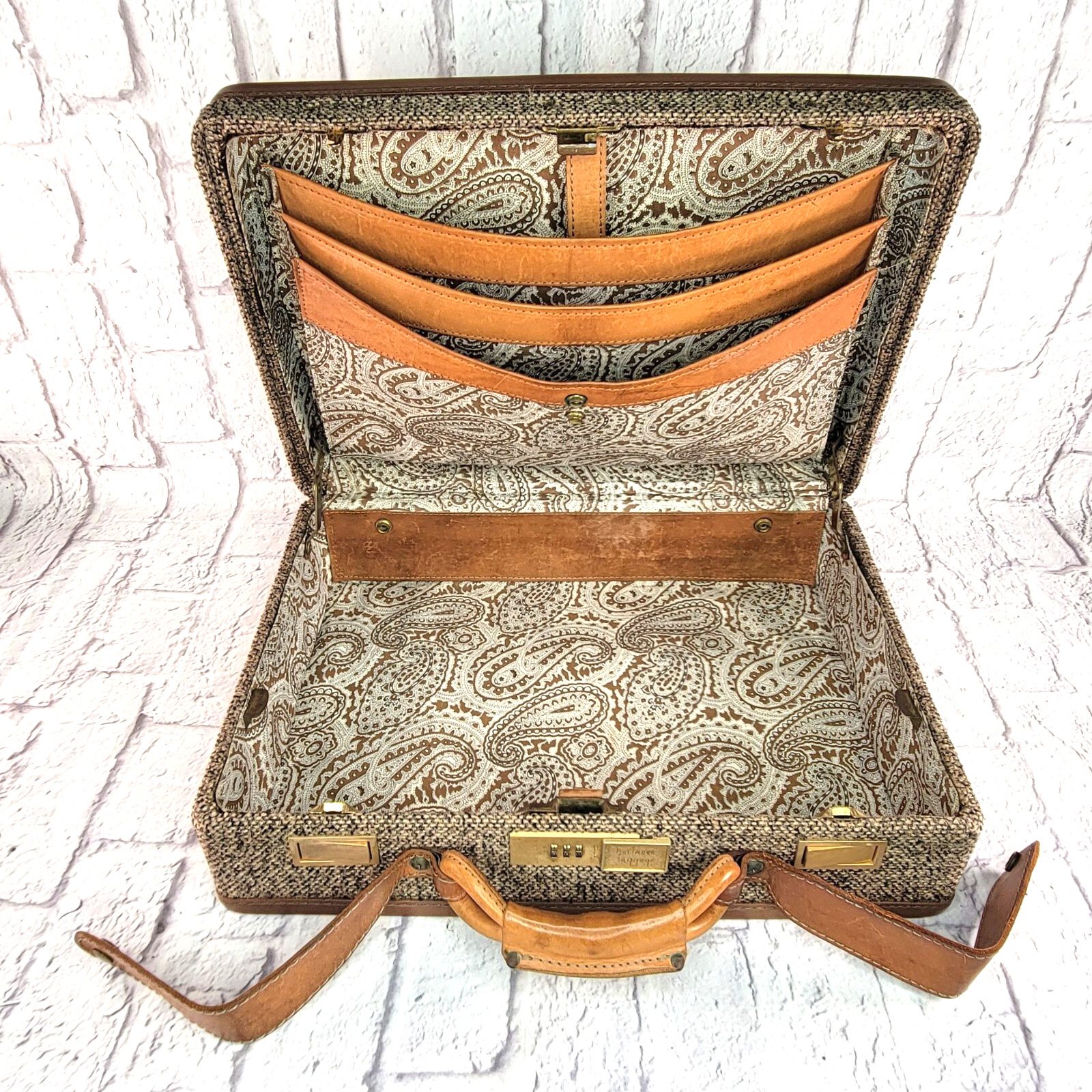 Vtg Hartmann Luggage Tweed Belting Leather Briefcase Combination Paisley Lining