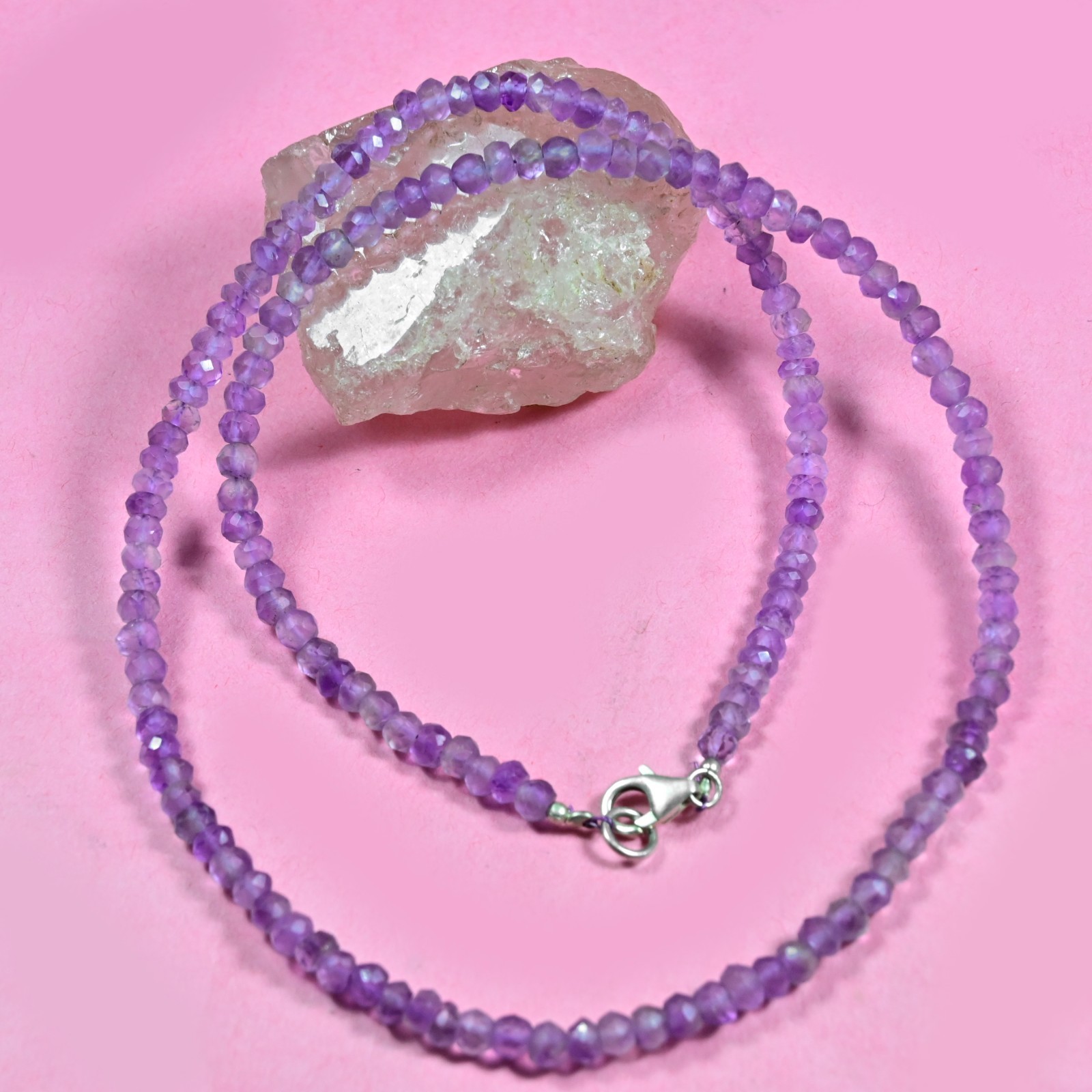 Purple Amethyst Faceted Rondelle 4MM Gemstone Beads Handmade Unisex Necklace 18"