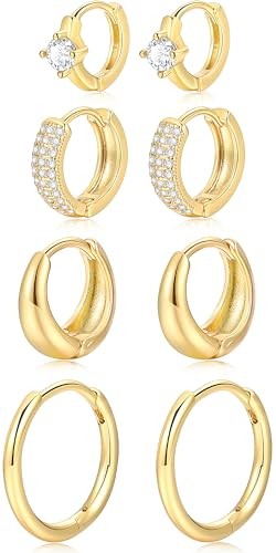 Small Gold Hoop Earrings Set for Women, 14K Gold Plated Lightweight Gold-A