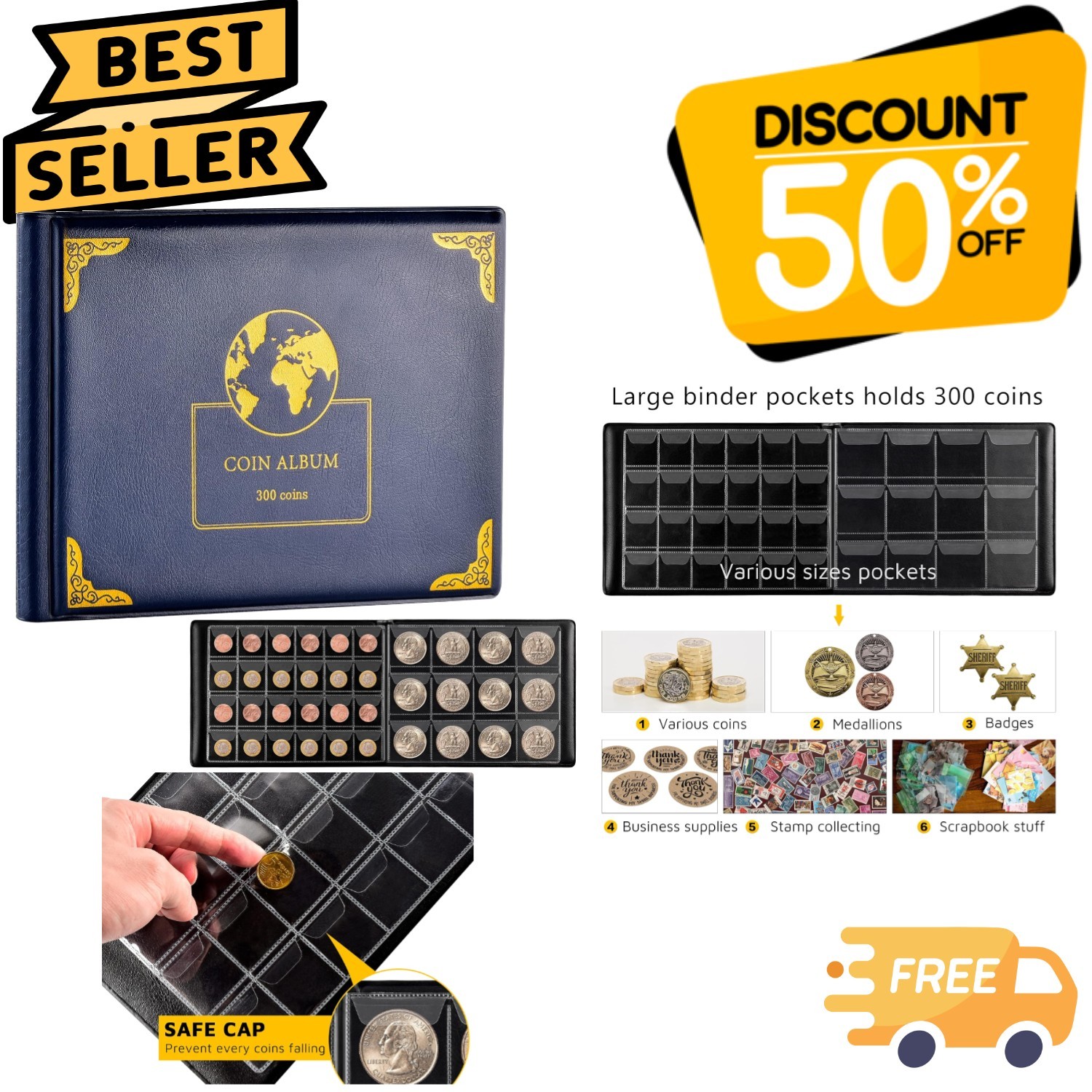 Luxurious Coin Collection Album with 300 Pockets - Blue Leather Organizer