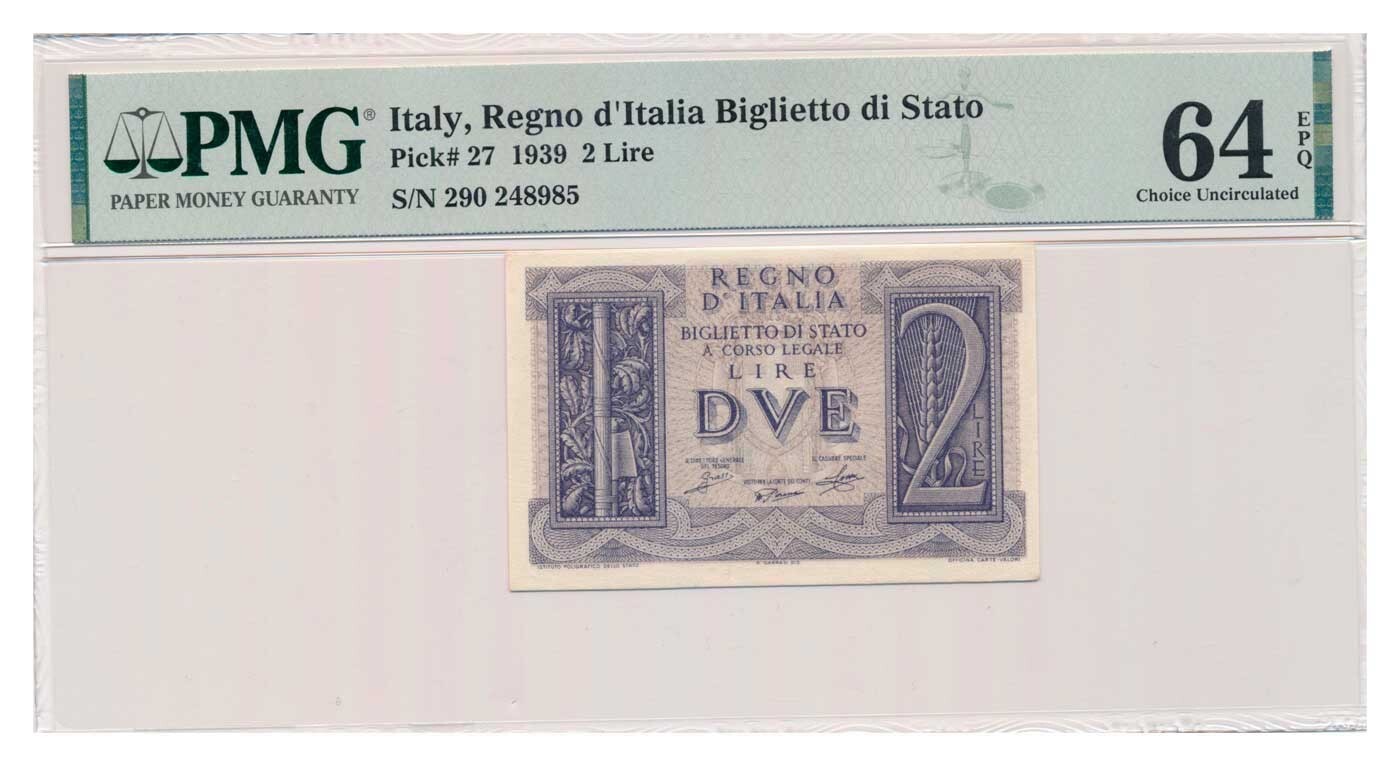 ITALY banknote 2 Lire 1939 PMG MS 64 EPQ Choice Uncirculated