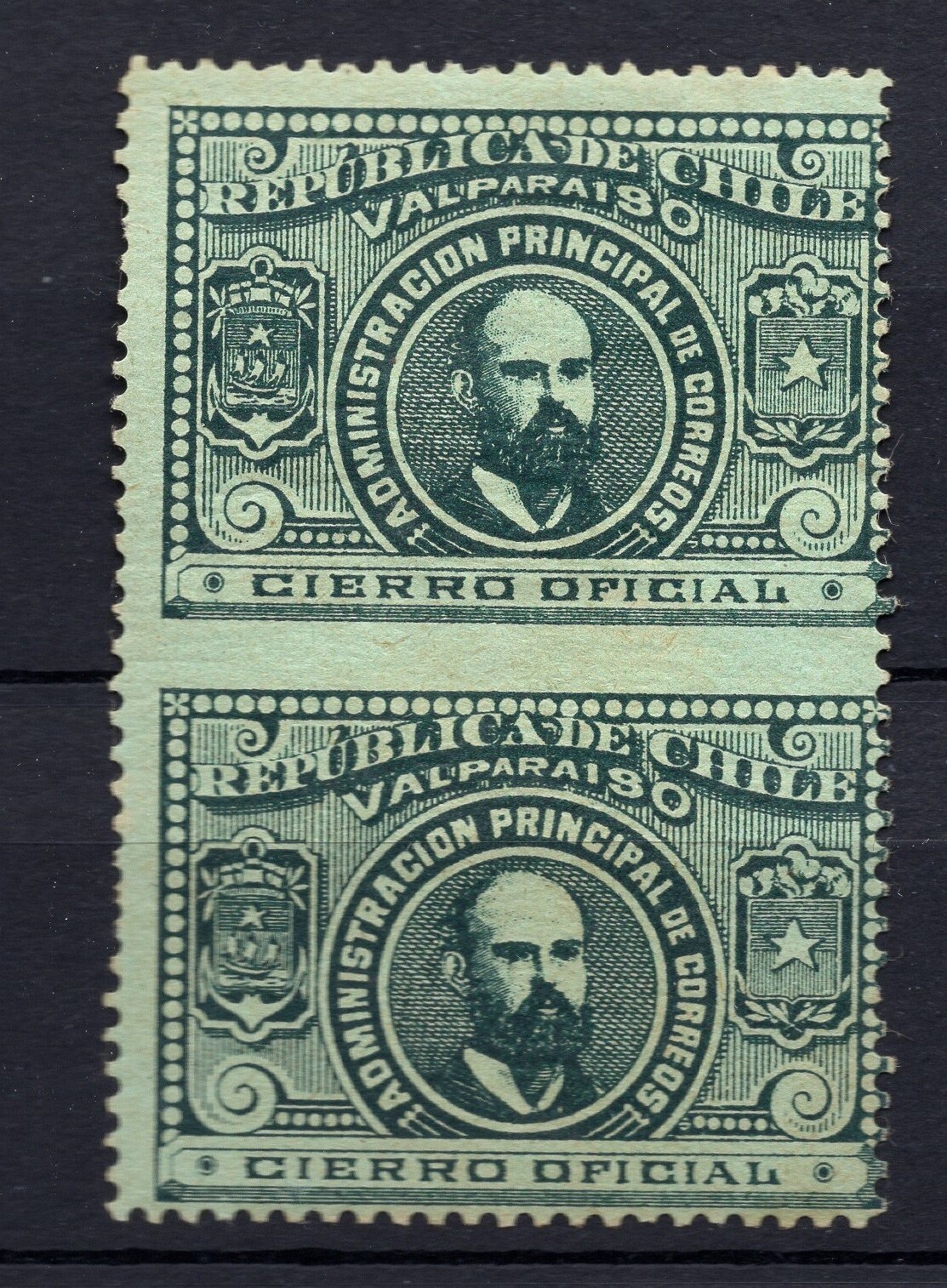 CHILE 1895 Arturo Prat seal green Xrare variety vertical pair imperf between MLH