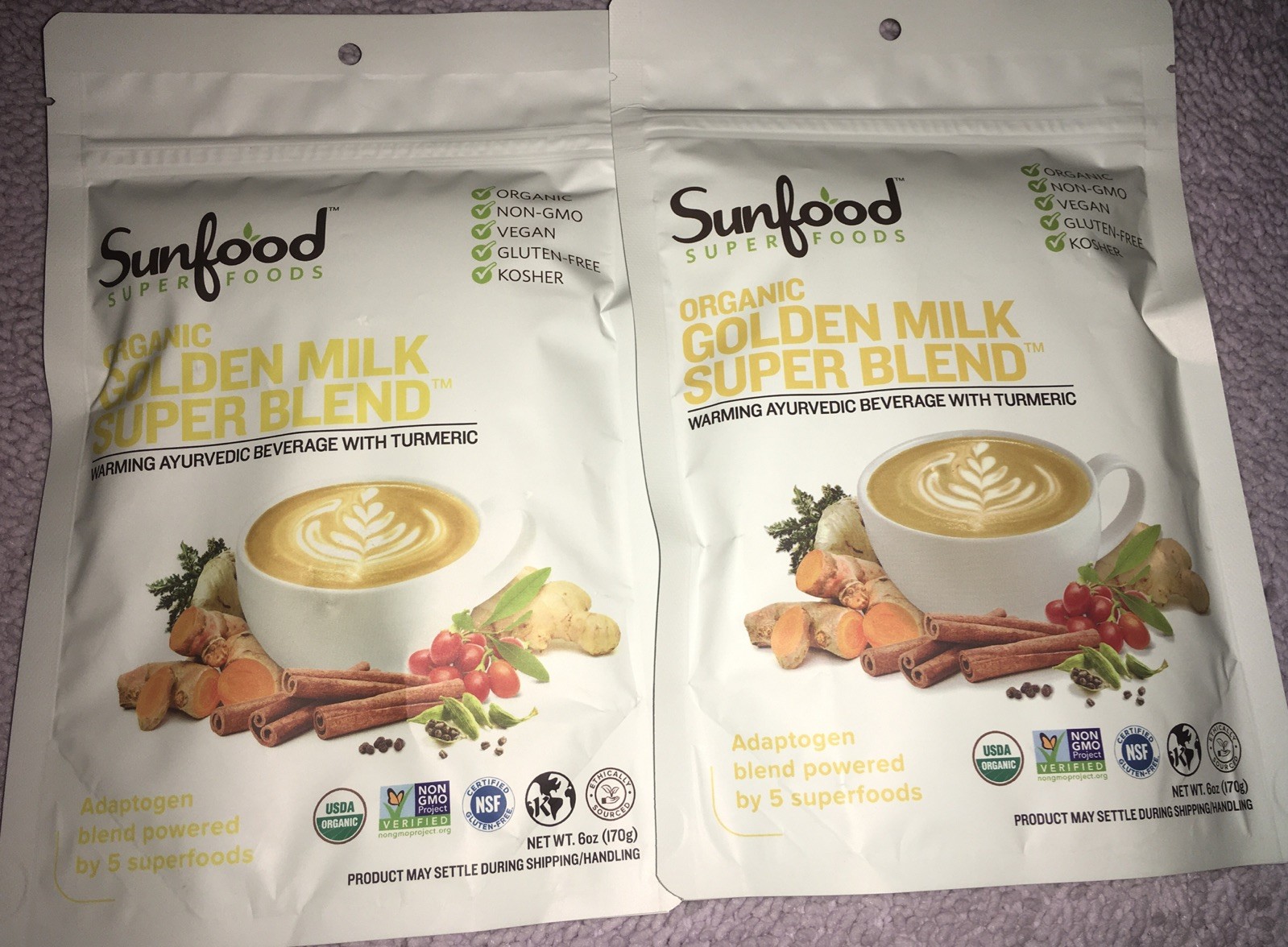 2 Sunfood Organic Golden Milk Super Blend Warming Turmeric Vegan Superfoods 6 oz