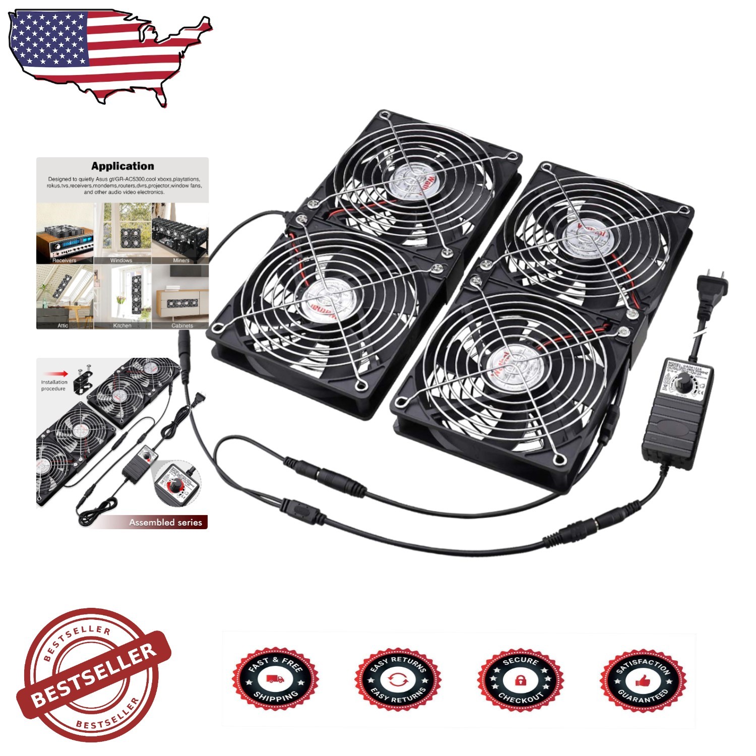 4x120mm Mining Rig Fan, AC Power, Adjustable Speed, Max Airflow Cooling