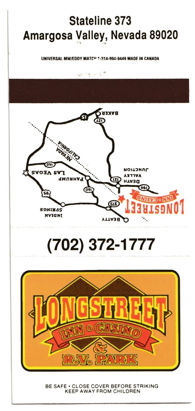 Longstreet Inn Casino & RV Park Matchbook Cover Armagosa Valley Nevada icmsc5