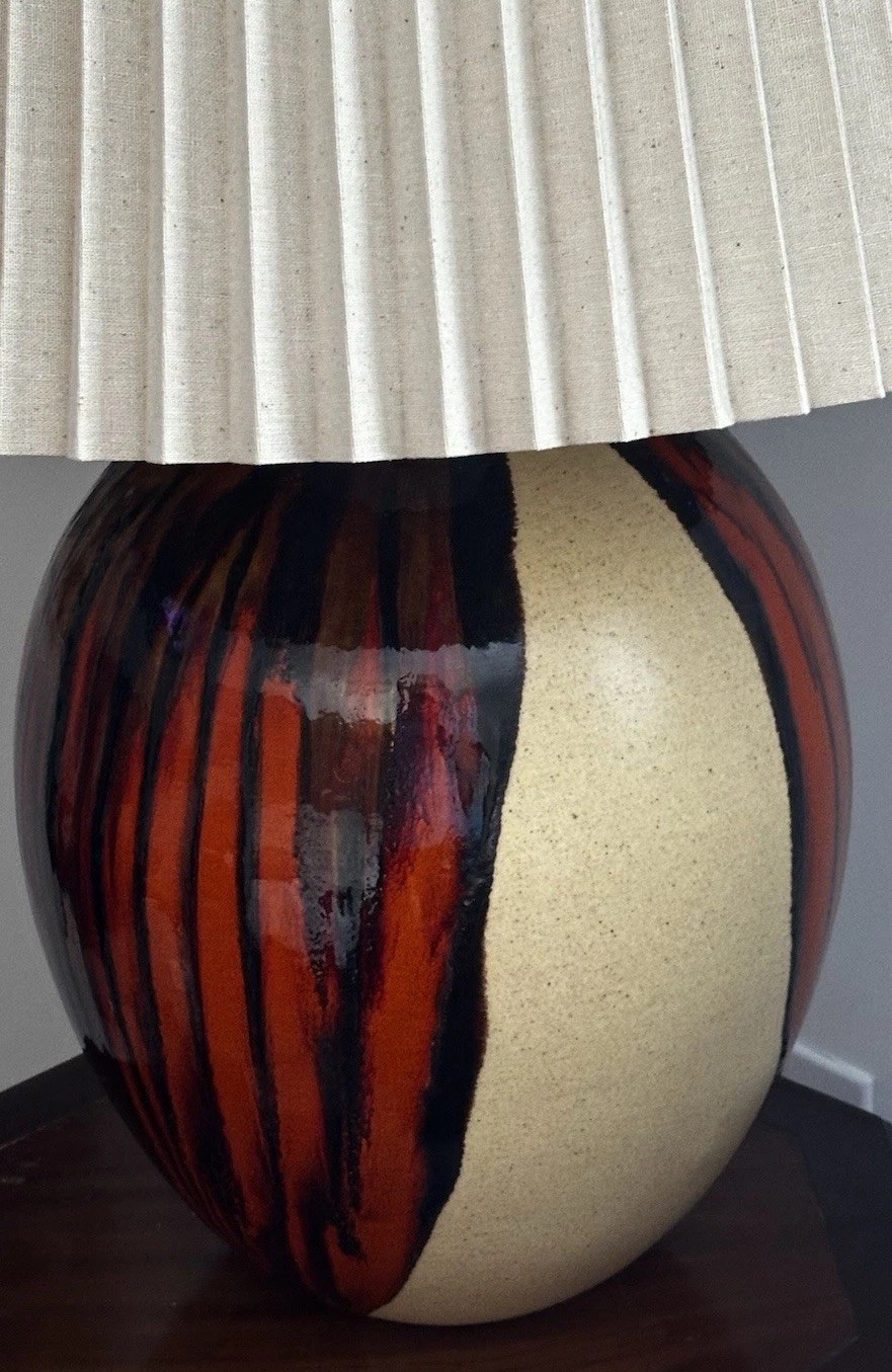 Large American 1960s Drip Glaze Ovoid-form Pottery Lamp - With Or Without Shade