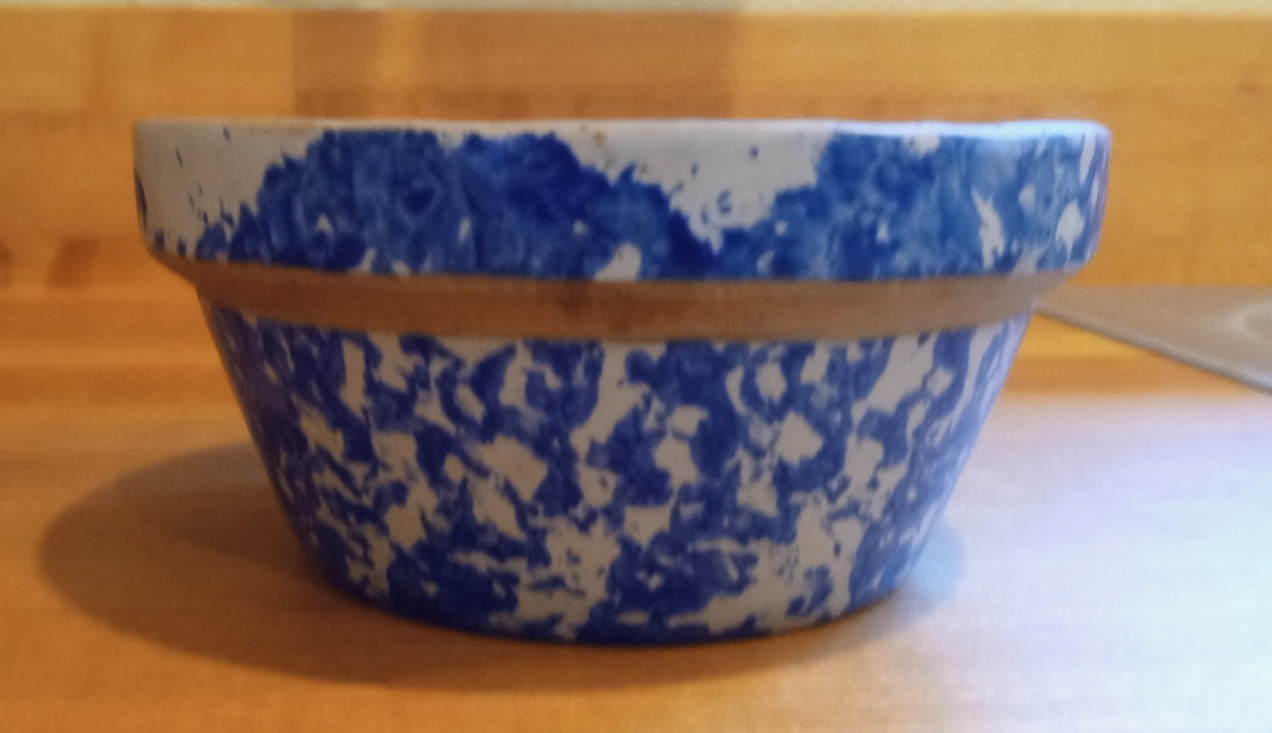 Shallow 5” Early Blue & White Spongeware Bowl Stoneware VTG