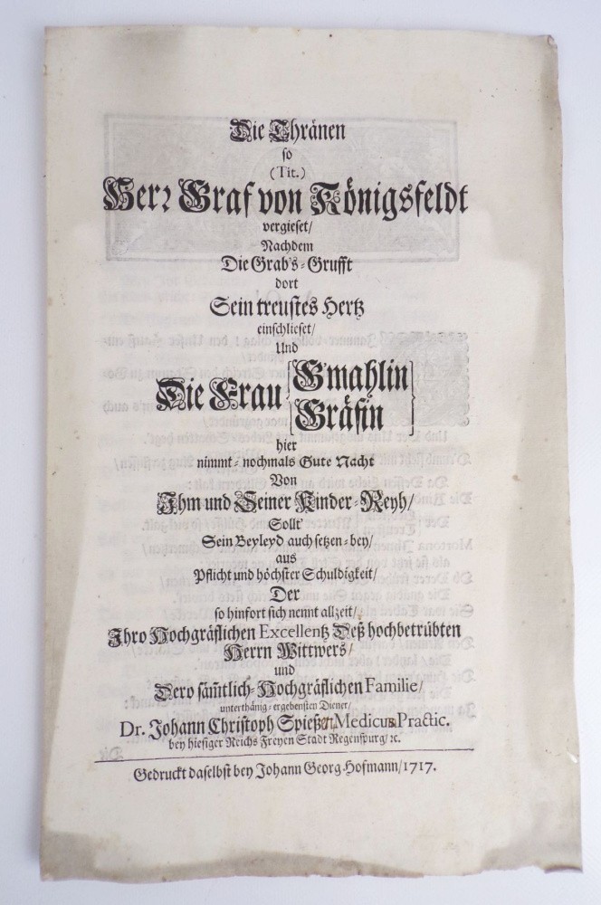 Grabrede 1717 Graf By Königsfeldt Woodcut Regensburg