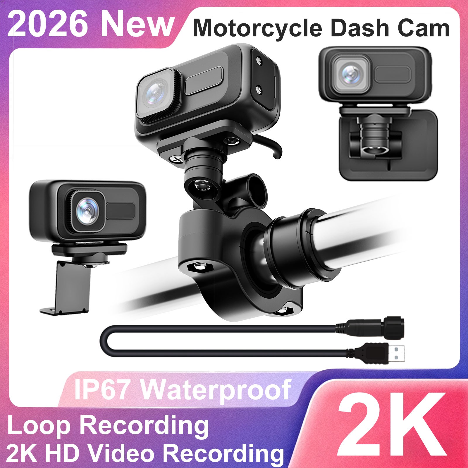 Motorcycle Camera Recorder 2K HD 140° Wide Angle 3 Bracket Waterproof Anti-Shake