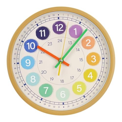 Kids Wall Clock Telling Time Silent Non-Ticking Learning 10 inch Edu3-wood
