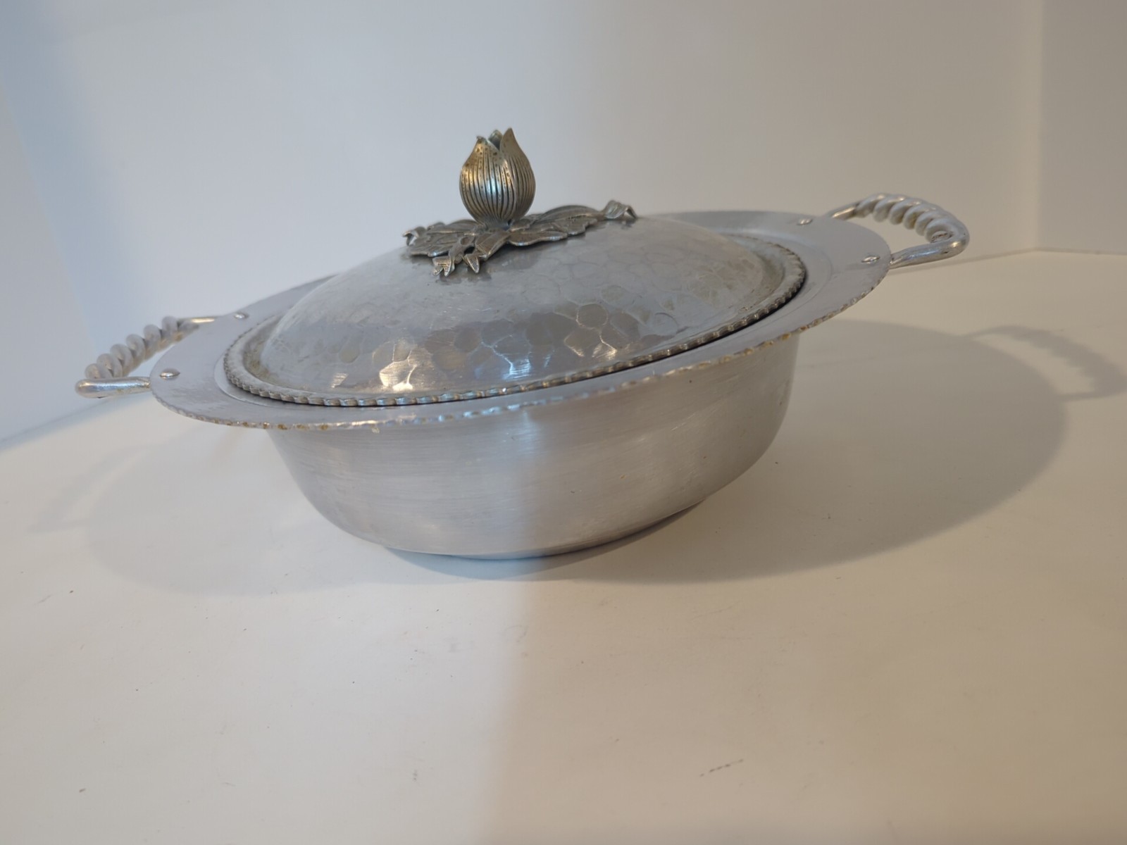 Buenilum Aluminum Serving Dish with Cover Floral Hand Wrought 11" Vintage