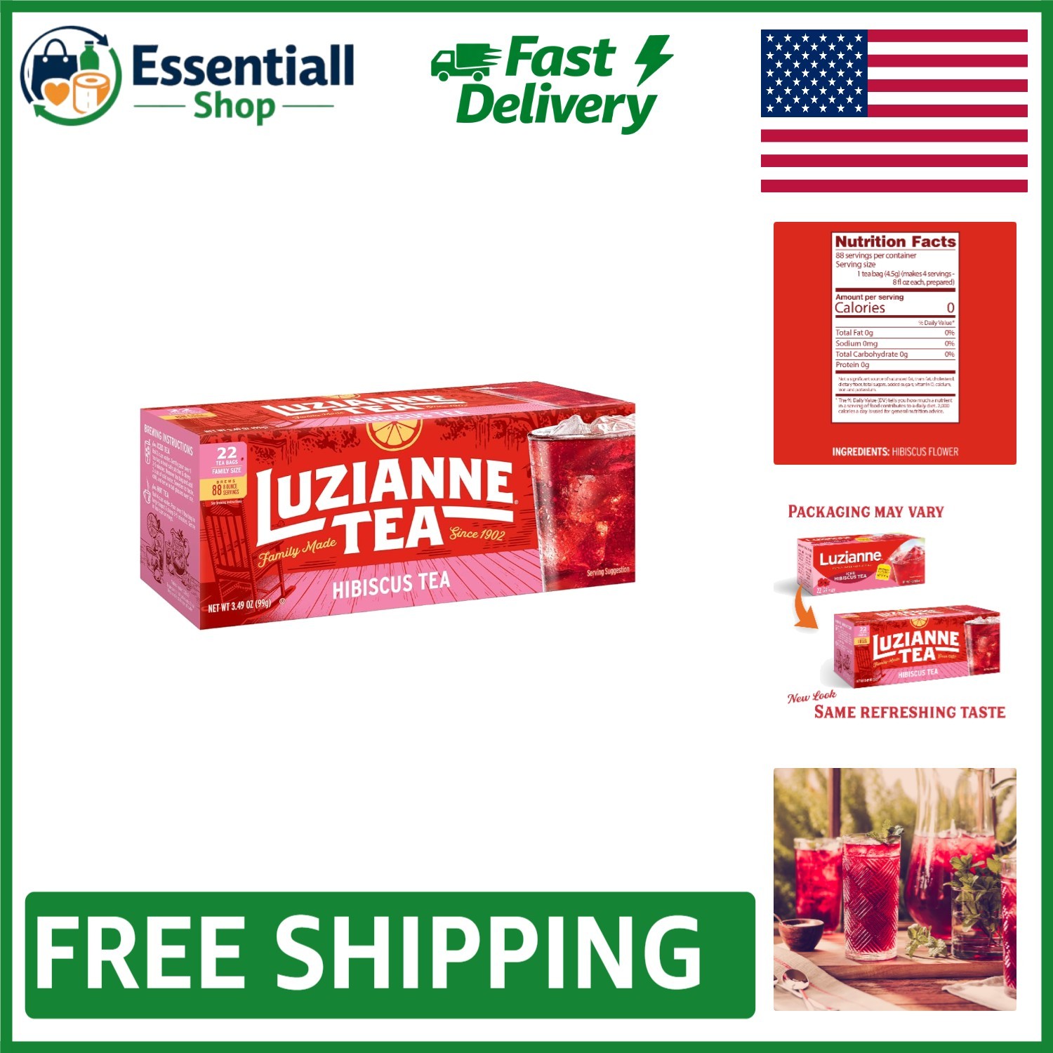 Caffeine-Free Unsweetened Hibiscus Tea Bags - 22ct Family Box for Pure Enjoyment