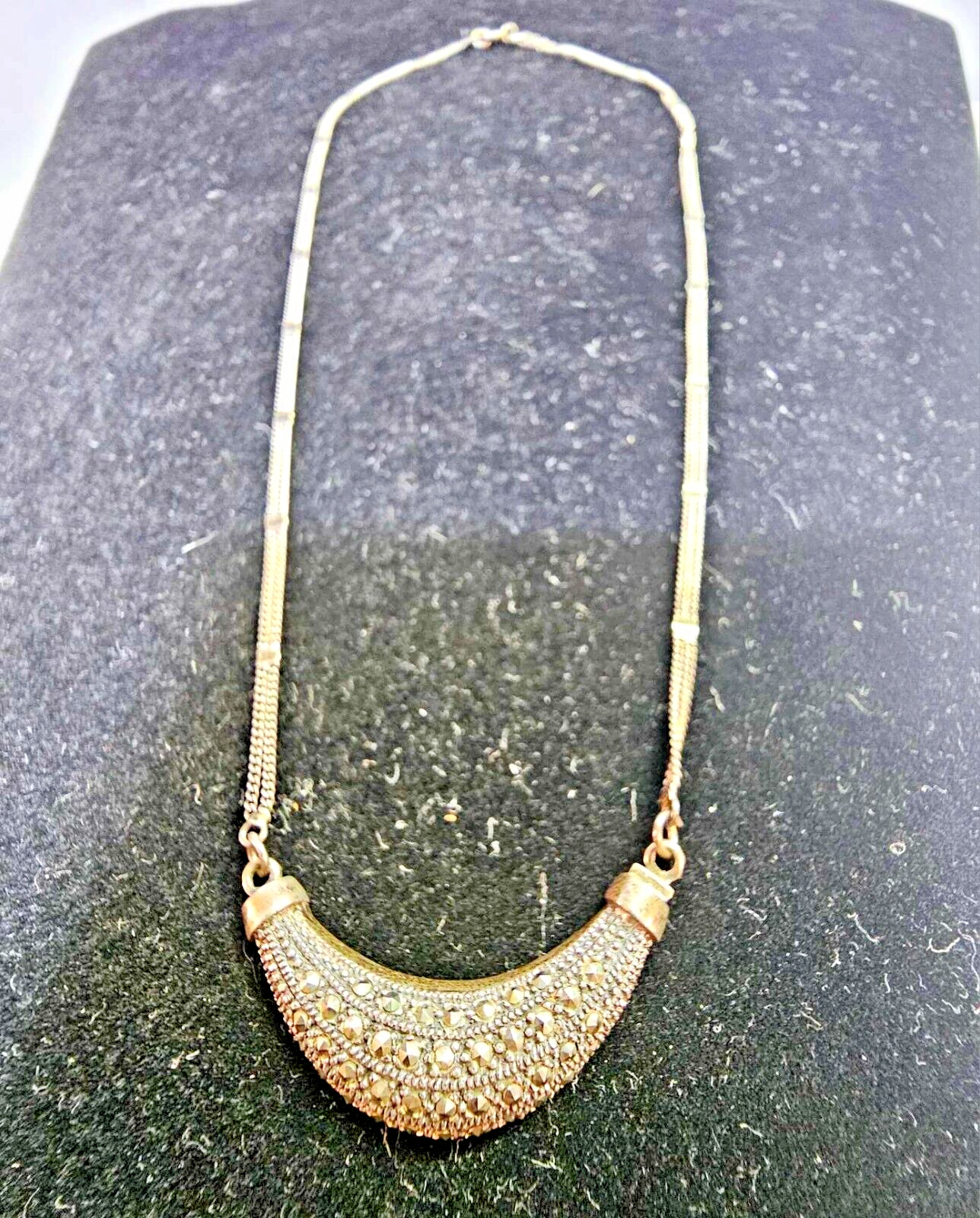 925 Sterling Silver Choker Necklace Crescent Pendant & Marcasite 16.5"- S51