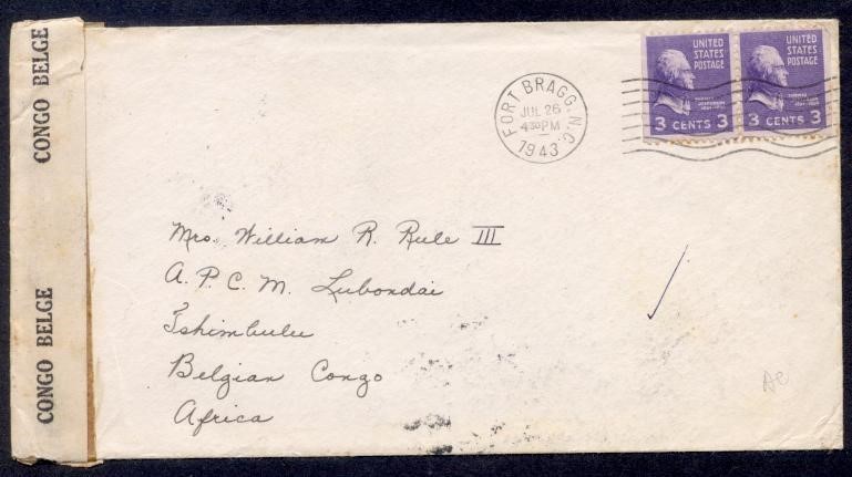 USA 1943 PREX COMBO 6c RATE CENSOR TO BELGIUM CONGO