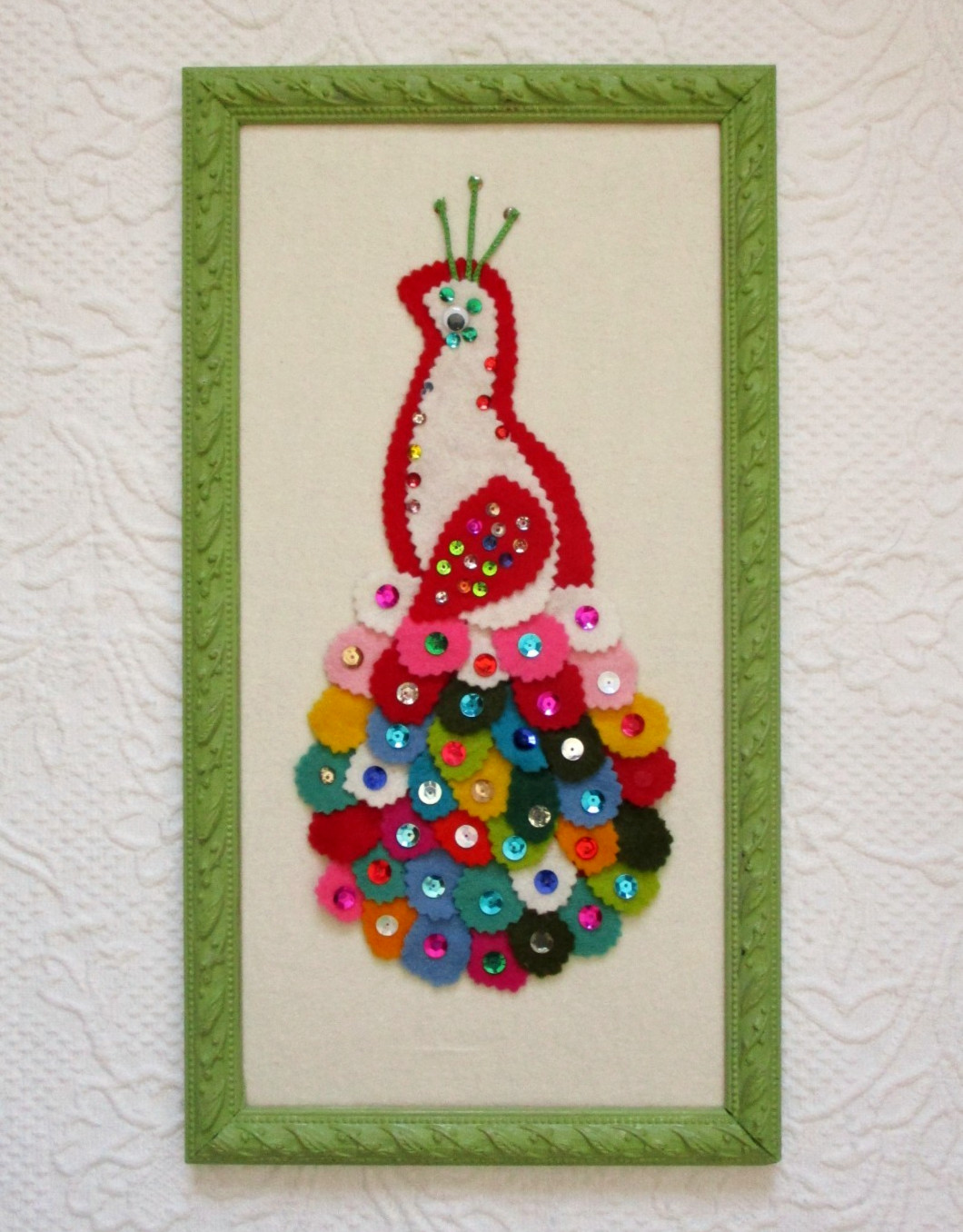 Vintage Felt Peacock Art Framed Colorful Sequin Jeweled Bird Retro Wall Hanging