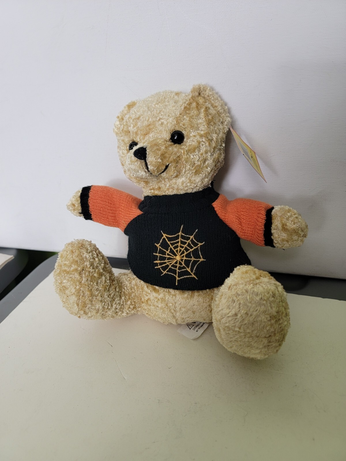 Halloween Teddy Bear w/ Spider Web Orange & Black Sweater Small Plush 8" Seated