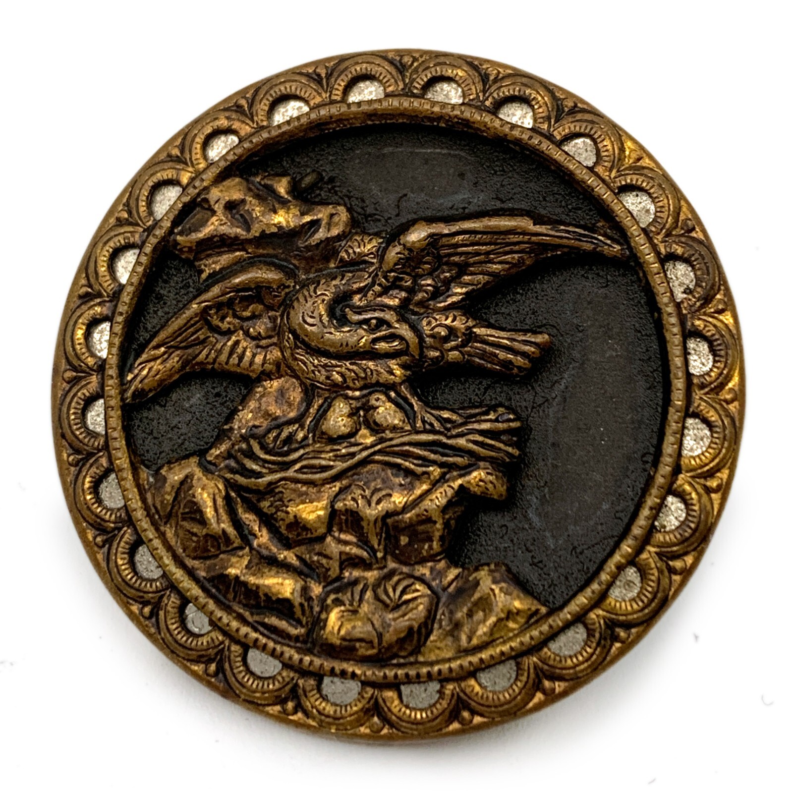 Antique Bird Guarding Baby Chicks Nest Brass Overlay Picture Button 1&1/4" Large