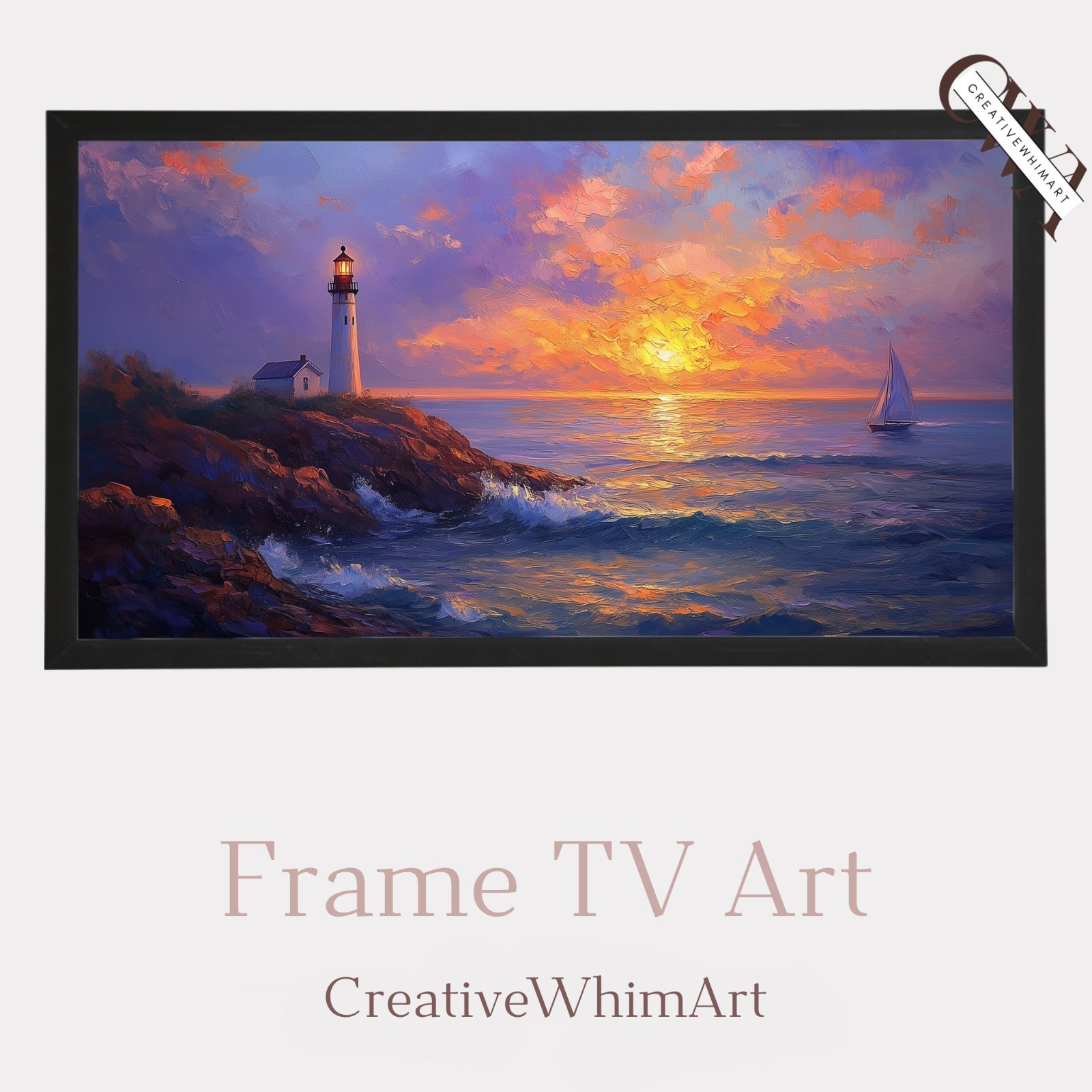 Moody Coastal Lighthouse Art, Nautical Seascape for Frame TV, Vintage Sunset