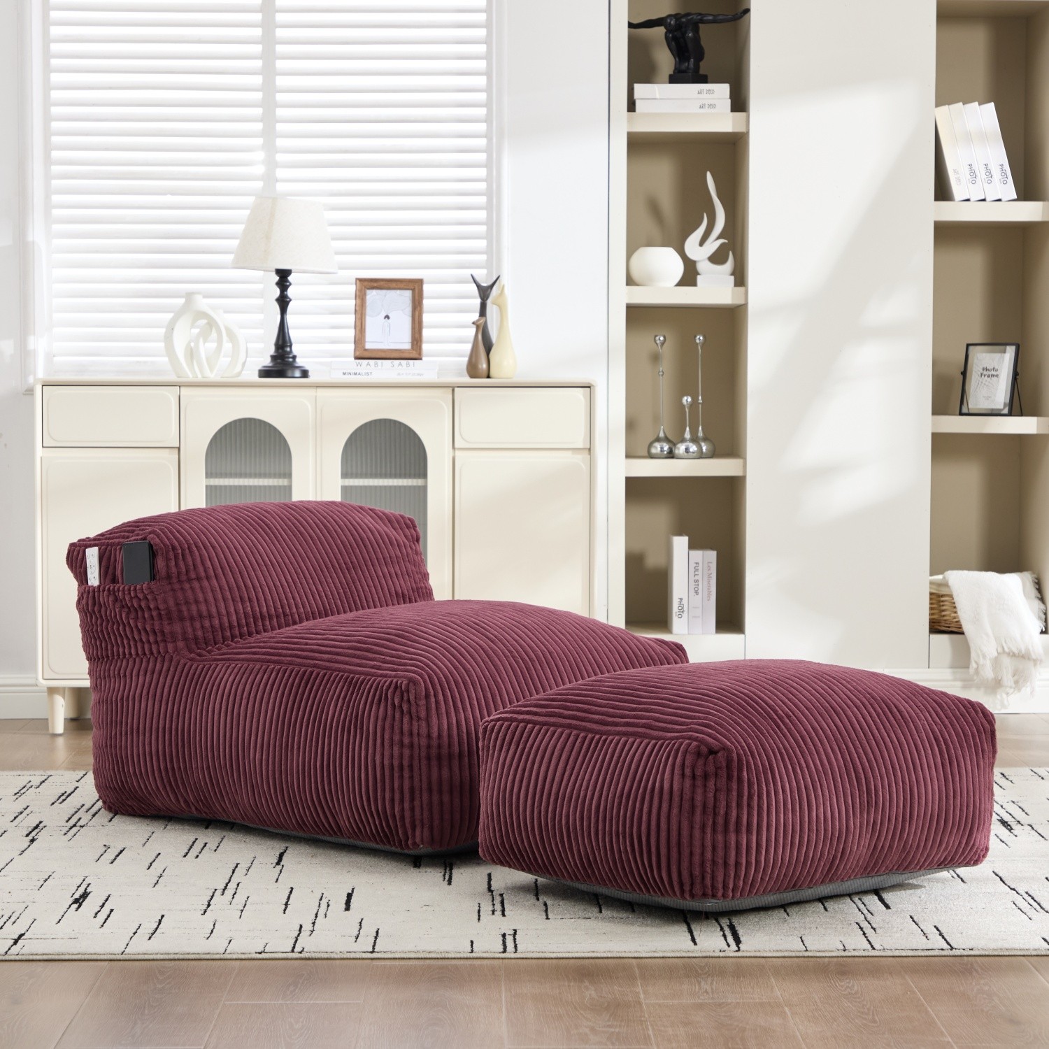 Memory Foam Corduroy Bean Bag Chair w/ Ottoman Small Space Modern Apartment Sofa