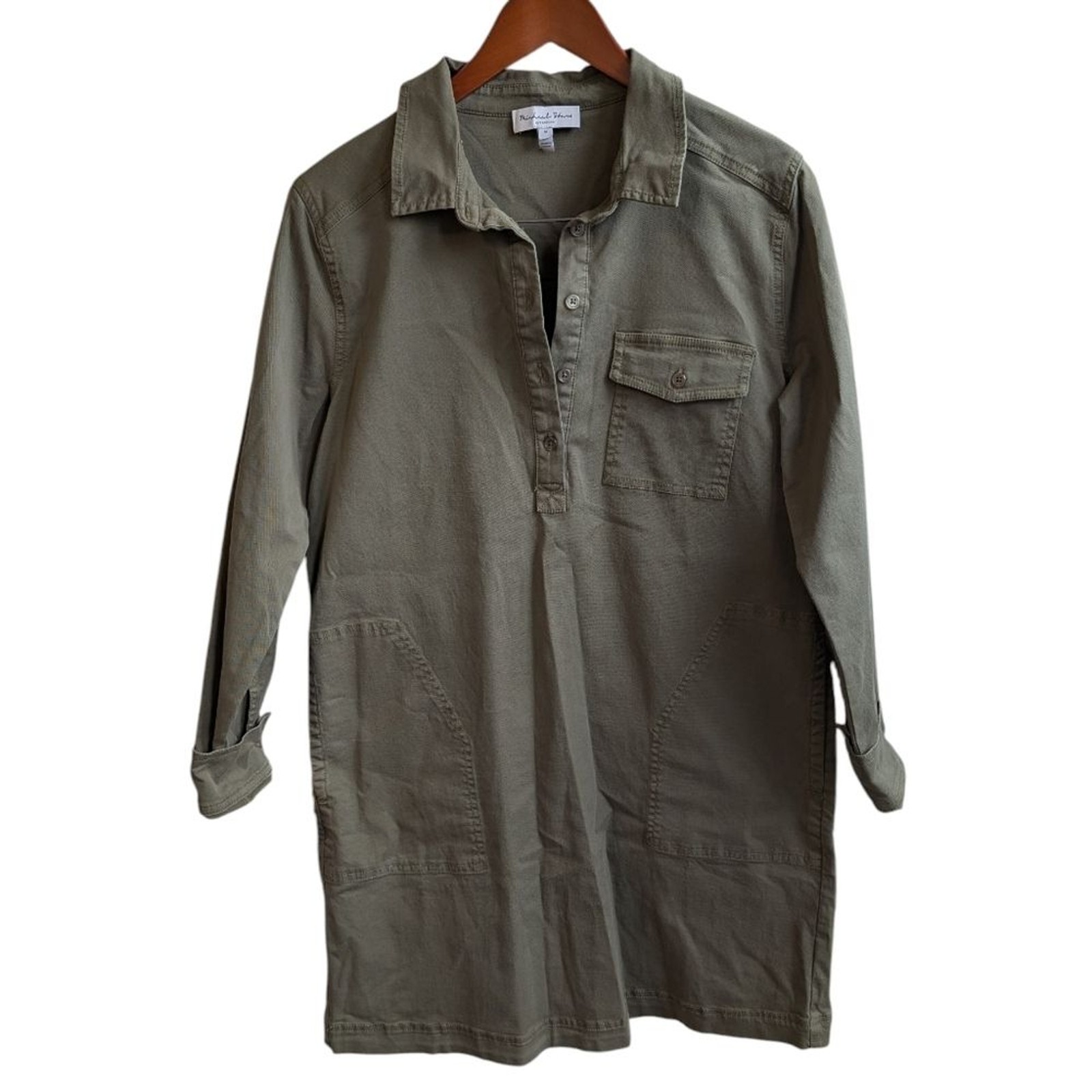 Michael Stars Eleanor Olive Green Collared Shirt Dress 1/2 Button Chest Size Med