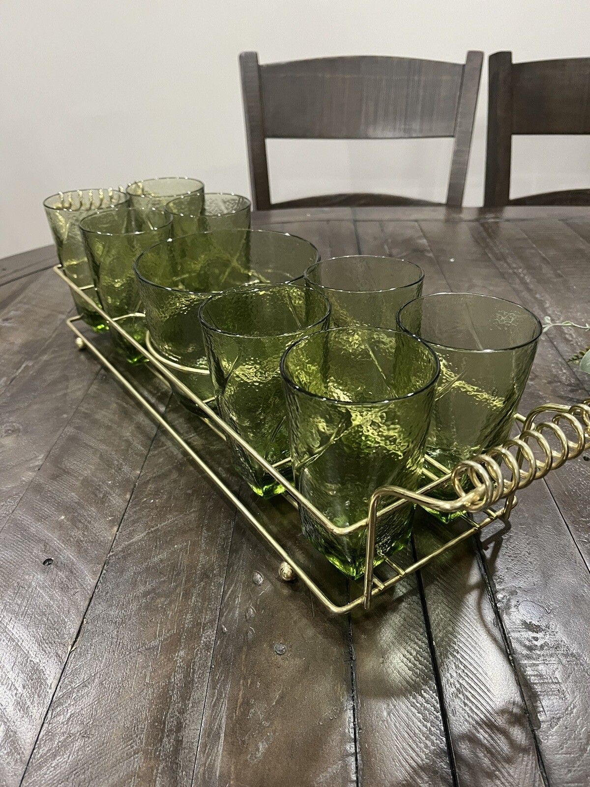 Hazel Atlas Pebble Green Bar Set Square Base Drink Glass Tumblers Ice Bucket