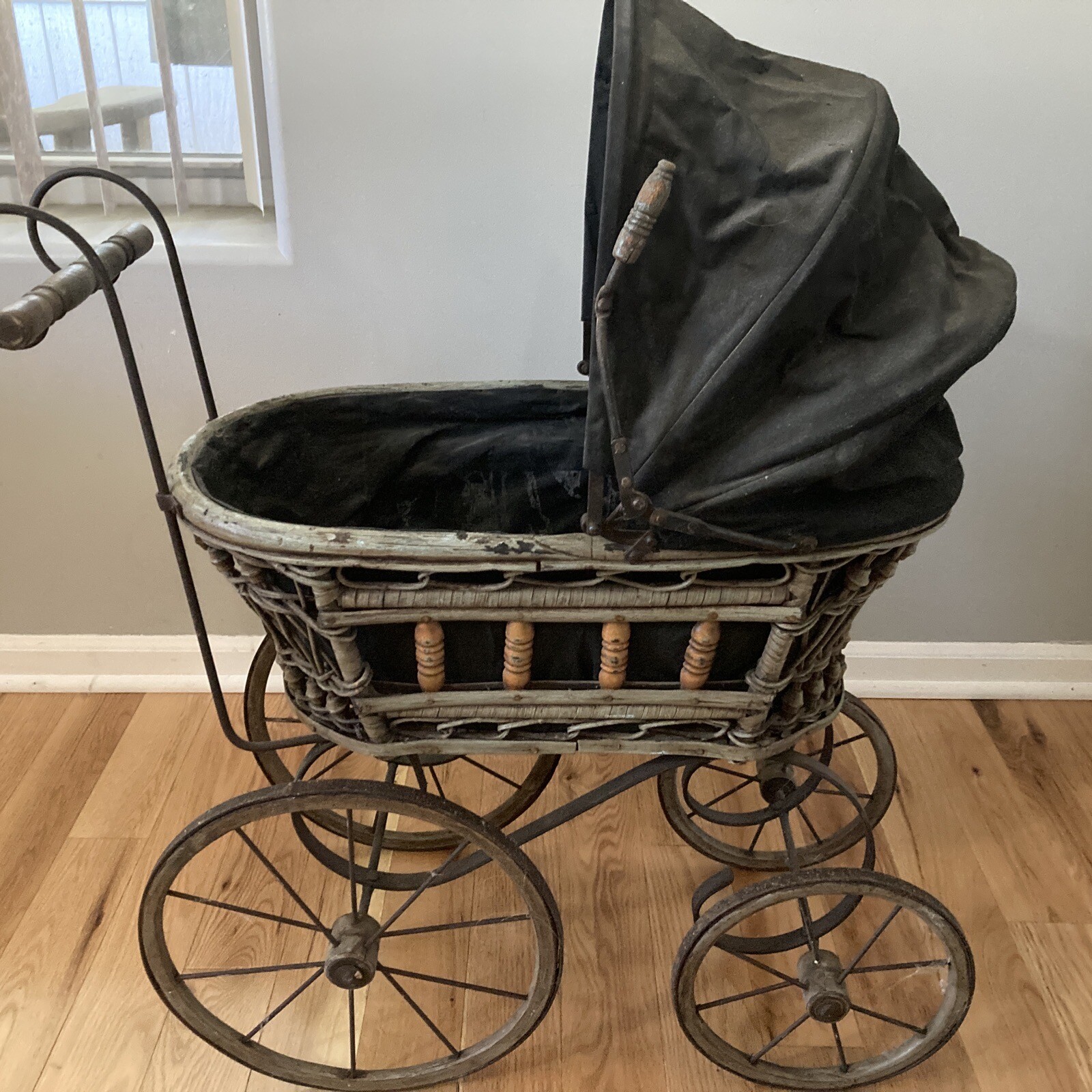 Doll Carriage Buggy Vintage Ornate Wicker  W/ Steel And Blue Canvas Canopy