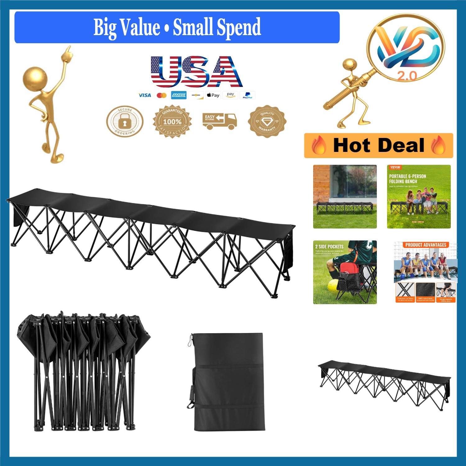 Portable Folding Bench 6 Seats Camping Sports Sideline Chair with Bag Black