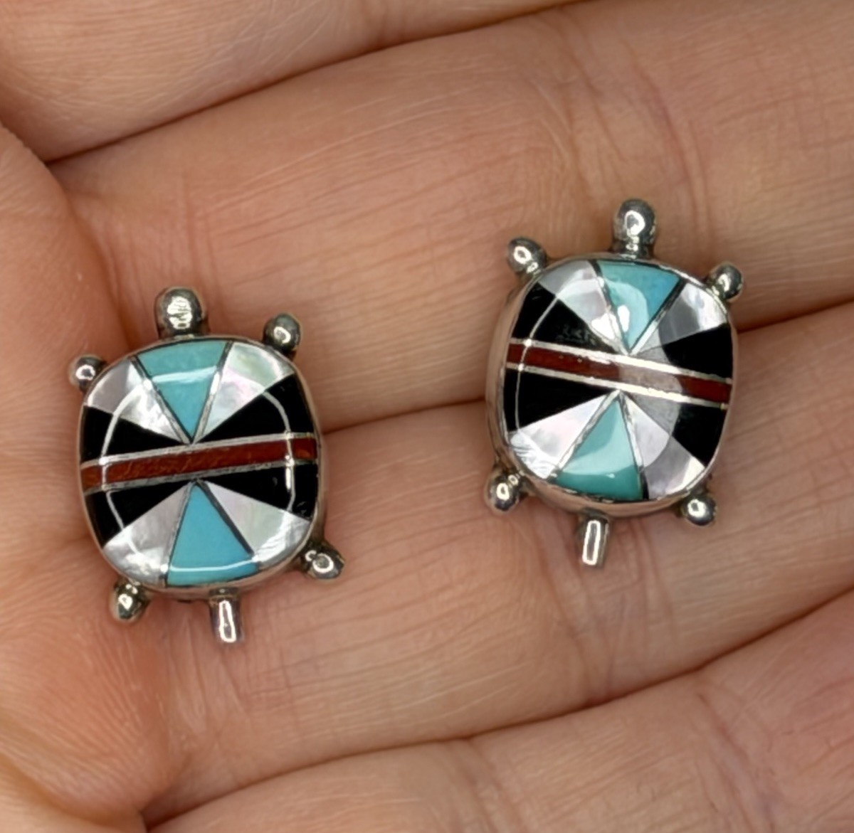 VTG Native American Zuni Sterling Silver Stone Inlay Turtle Earrings 925 Studs