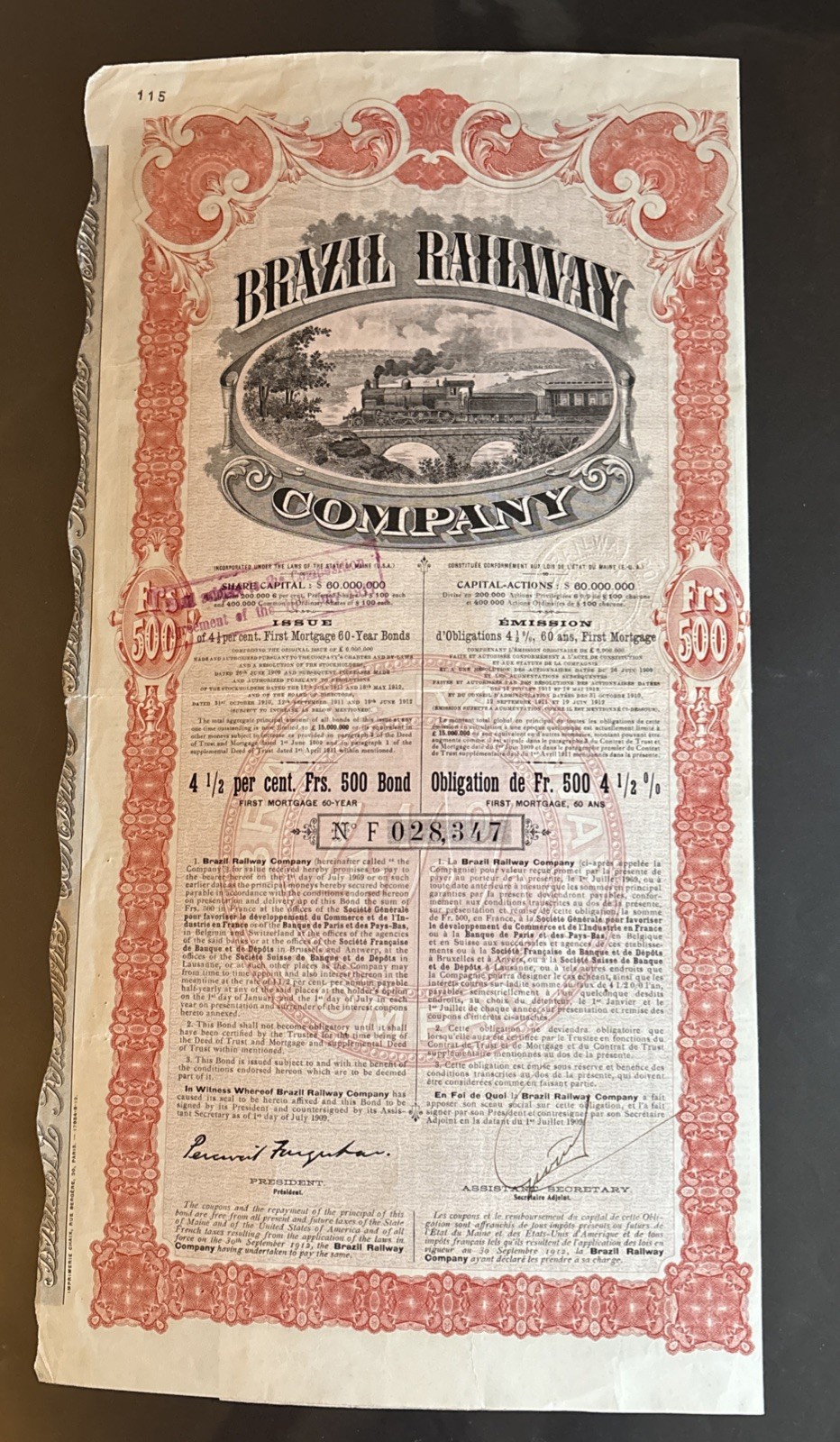 1909 Brazil Railway Bond Certificate