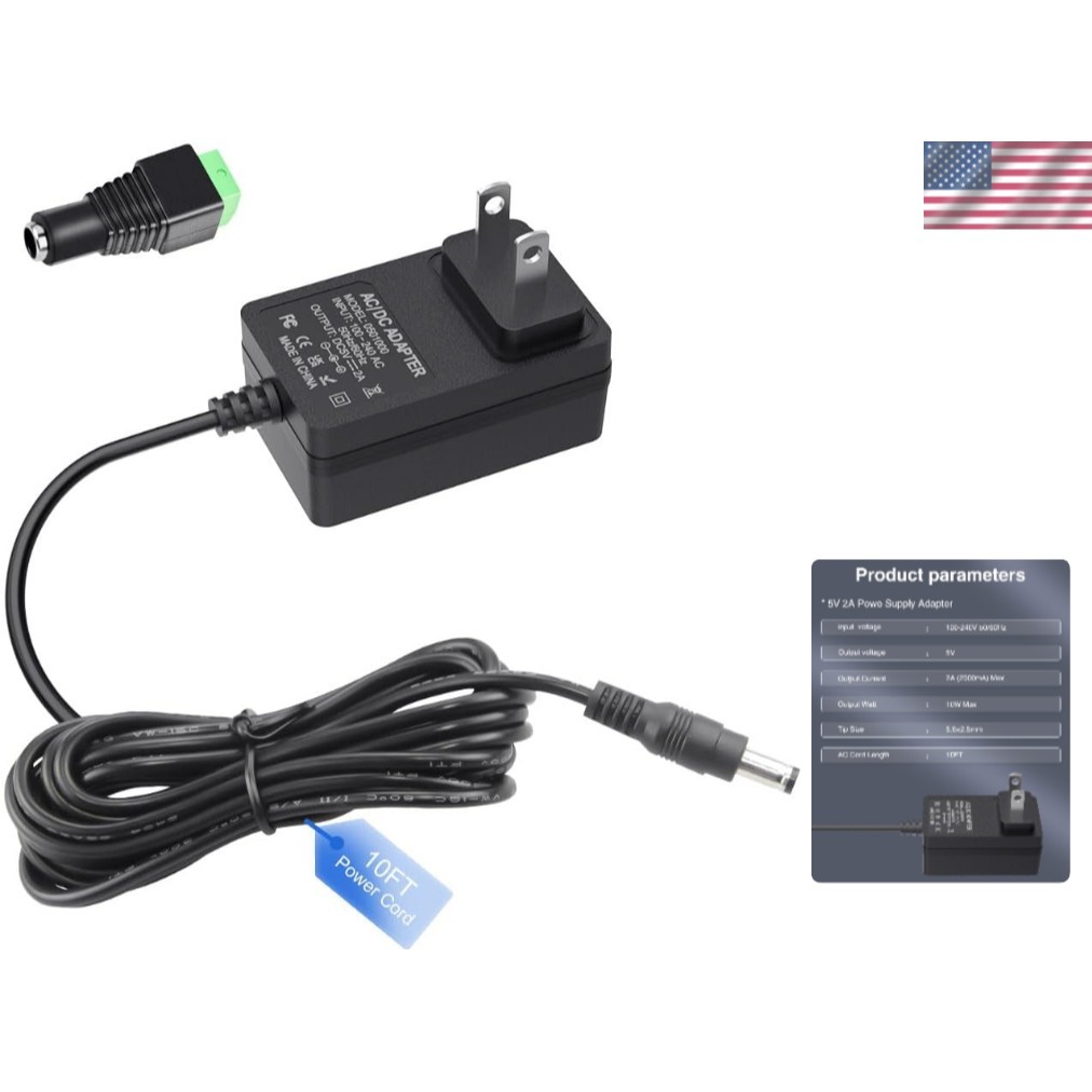 5V 2A Power Supply 5Volt 2Amp AC Adapter 100-240V DC 5V Power Cord 10FT with DC