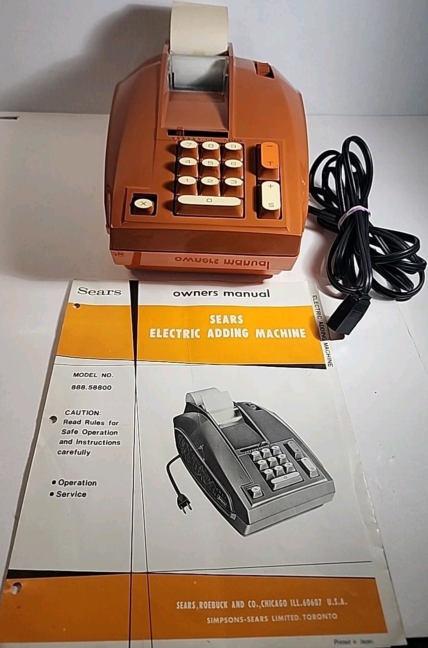 VINTAGE SEARS ADDING MACHINE MODEL 888.58800 BURNT ORANGE W Manual!- Fast Ship!