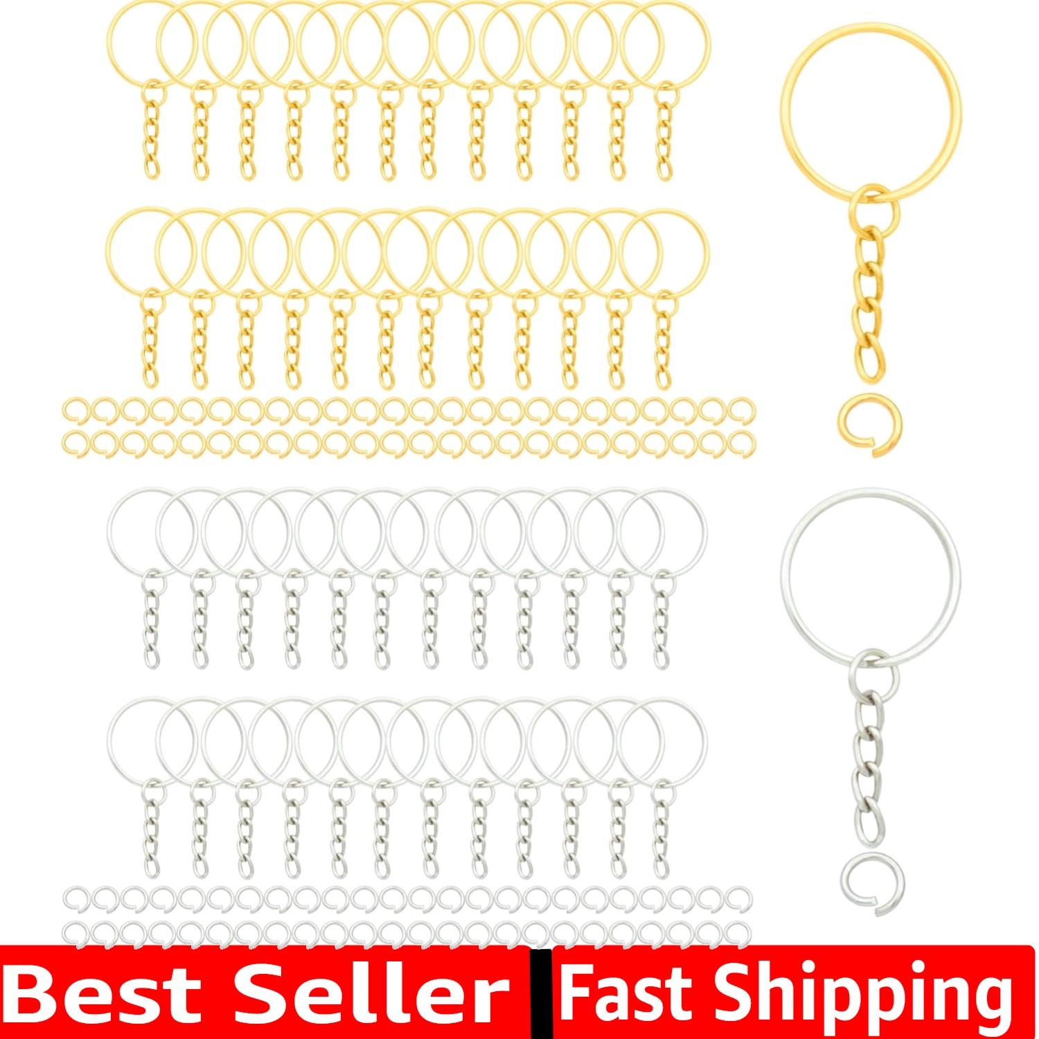 50Sets 1 inch Keychain Rings Split Round Key Ring with Chain and Open Jump Ri...