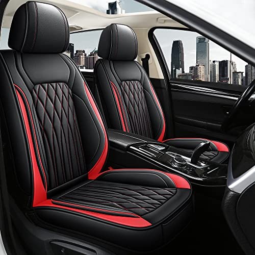  Leather Car Seat Covers Front Pair, Waterproof Faux FRONT SET BLACK/RED LINE