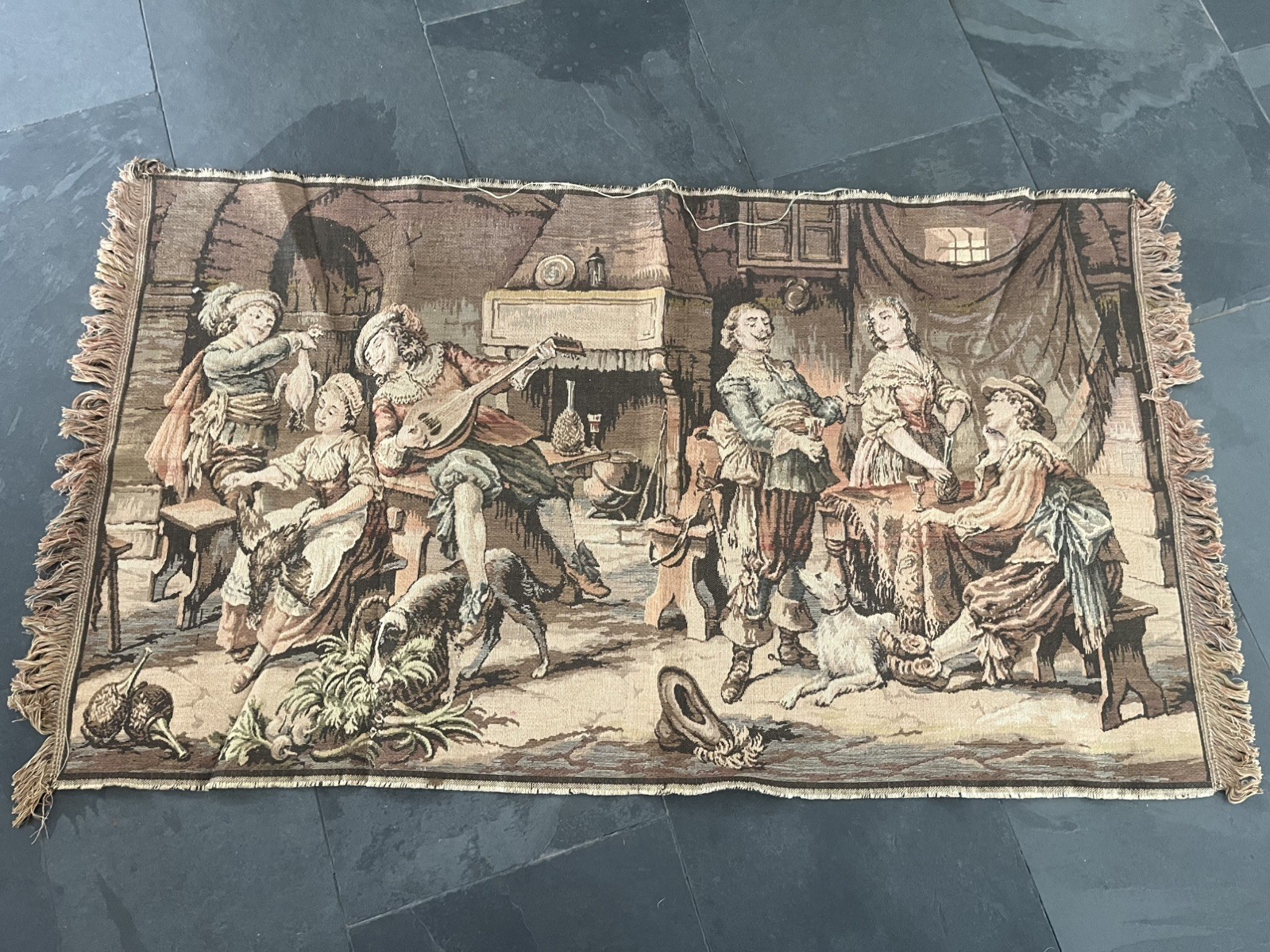 Vintage French Pictorial Medieval Romantic Aubusson Tapestry Wall Hanging 44x25 