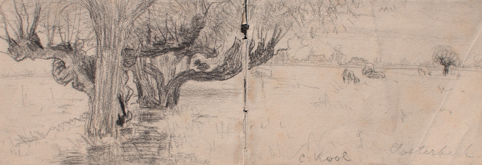 Oosterbeek Landscape Creek Netherlands C Kool Signed Drawing 1 Half 20th Century