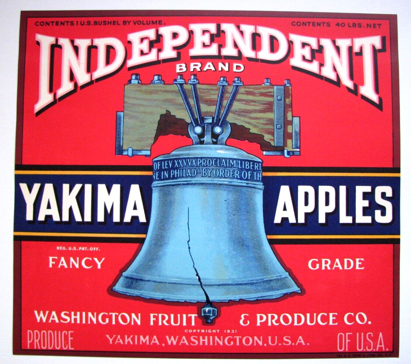 Original INDEPENDENT apple crate label Washington Fruit Yakima Apples fancy red