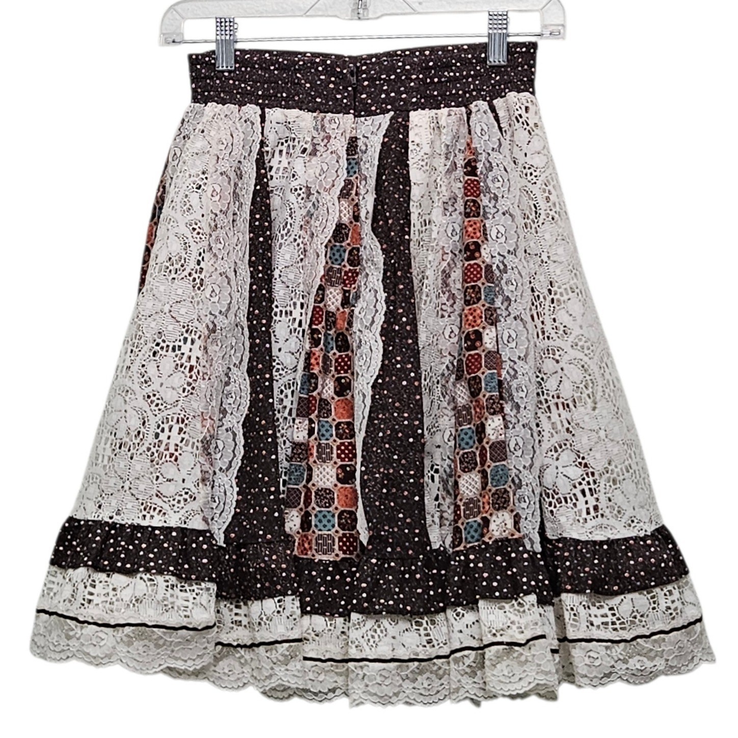 Vintage 70s Square Up Skirt Petite Brown Lace Patchwork Square Dance Indie Boho