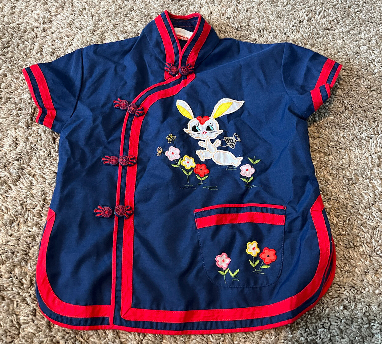 Kids Children Youth Vintage Plum Blossom Embroidered Asian Shirt Bunny Rabbit