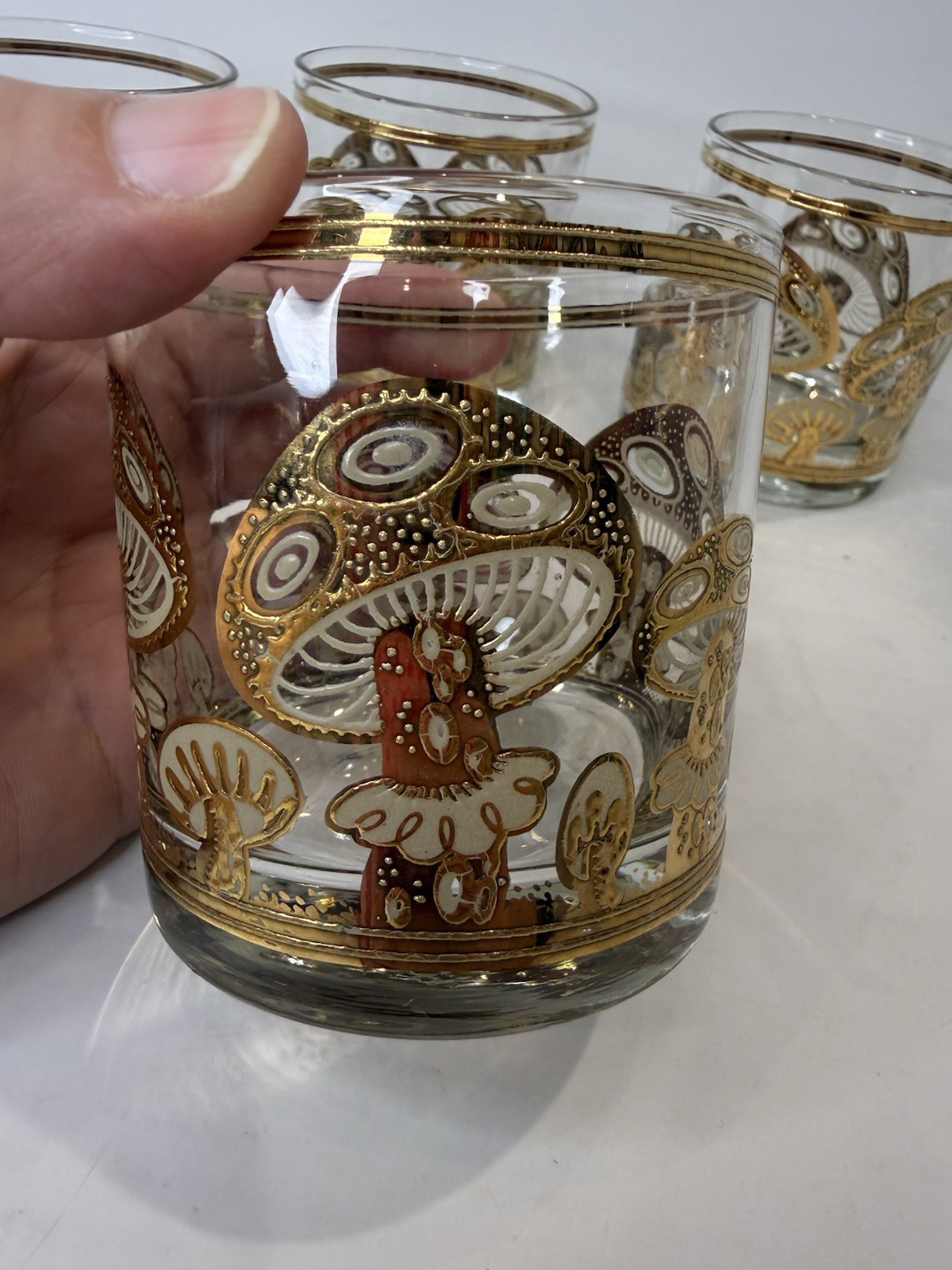 Vintage MCM Culver 22K Gold MUSHROOM 3.5" Lowball Coctail Glass Set Of 4